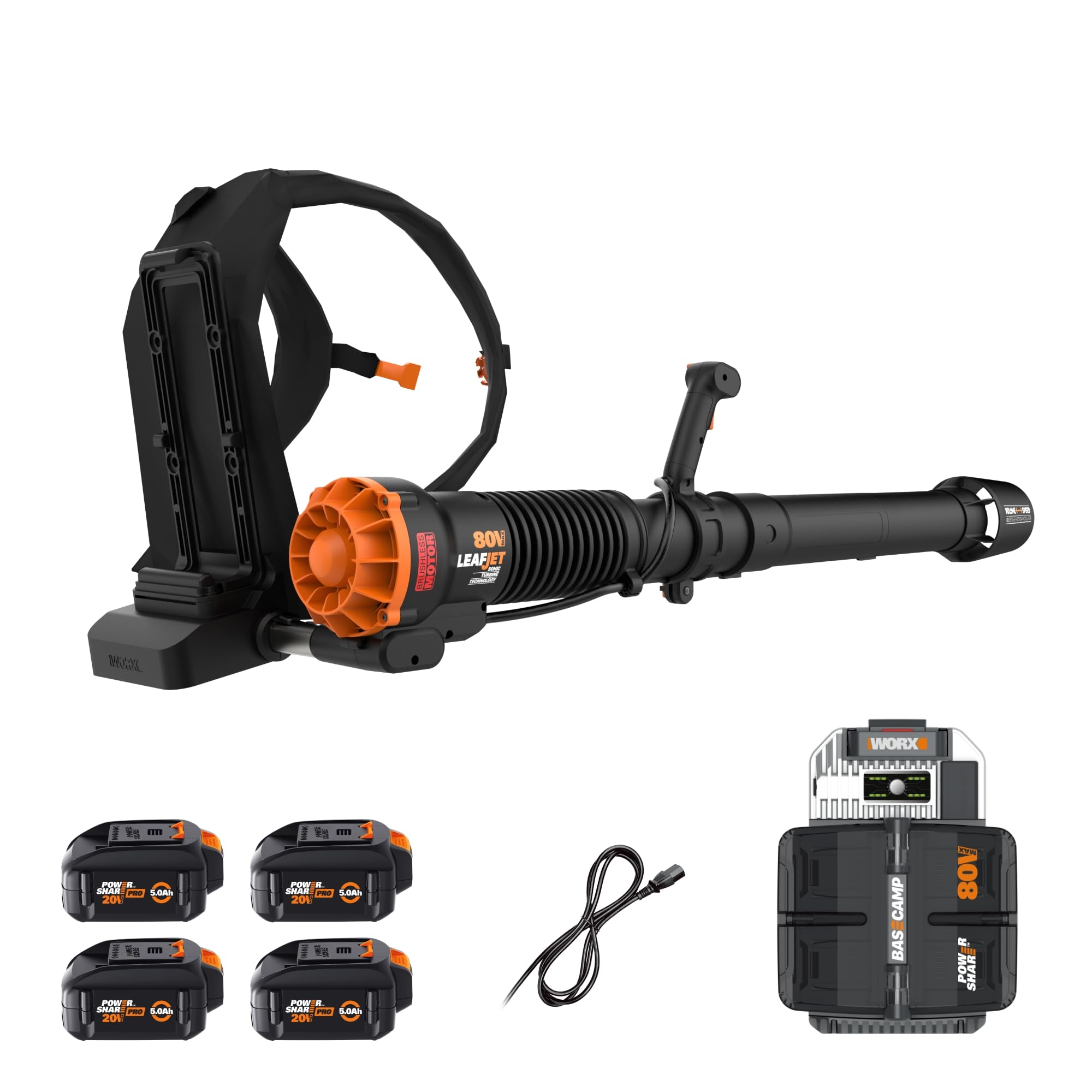 WORX Nitro 80V Cordless Leaf Blower, 800 CFM 150 MPH, Brushless Backpack Electric Leaf Blower WG572, Turbine Fan, Variable Air Control – 4 PowerShare Batteries, Basecamp Charger Included