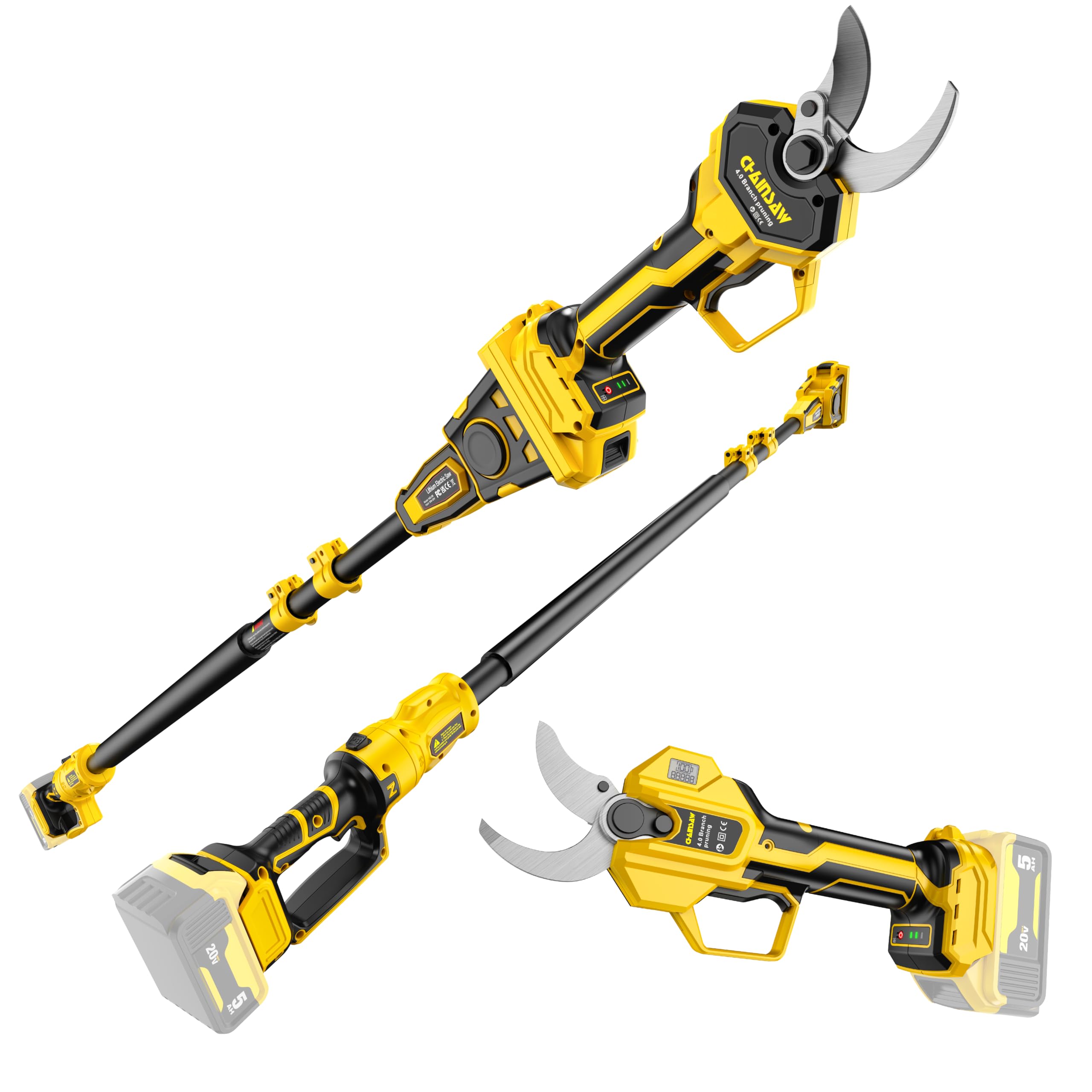 2-IN-1 Electric Pole Pruning Shears Cordless Compatibility with DEWALT 20V MAX Battery, 1.6" Cutting Diameter Pruner, 14.8 FT MAX Extension Pole Saws for Tree Trimming, LCD Display(NO Battery)