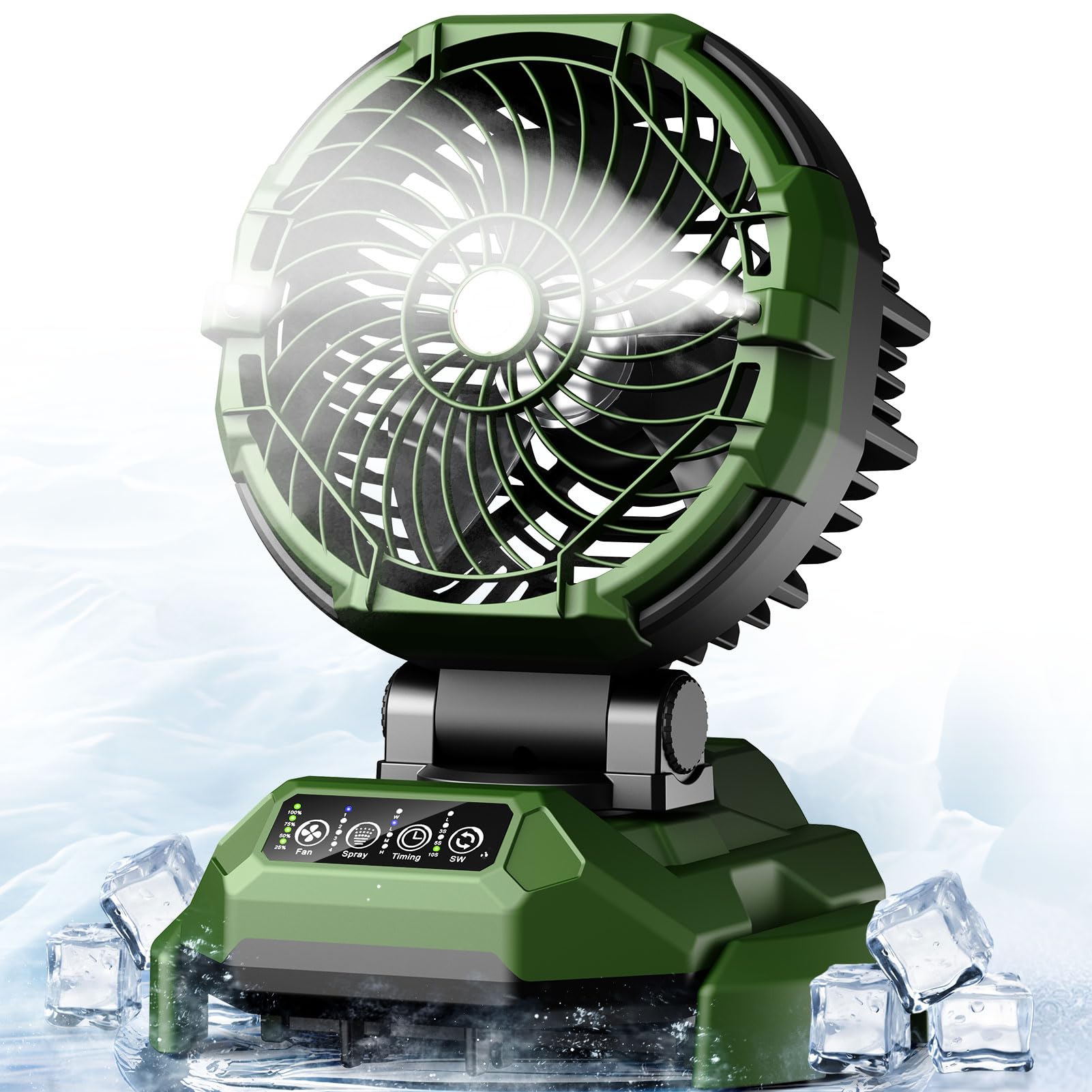 Veubew Portable Misting Fan,30000mAh Rechargeable Battery Powered,4 Strong Winds&4 Spray Mister,Floor Cooling Fan for Outdoor,Camping,Patios,Adjustable Base for 10-13in Bucket(No Bucket Included)