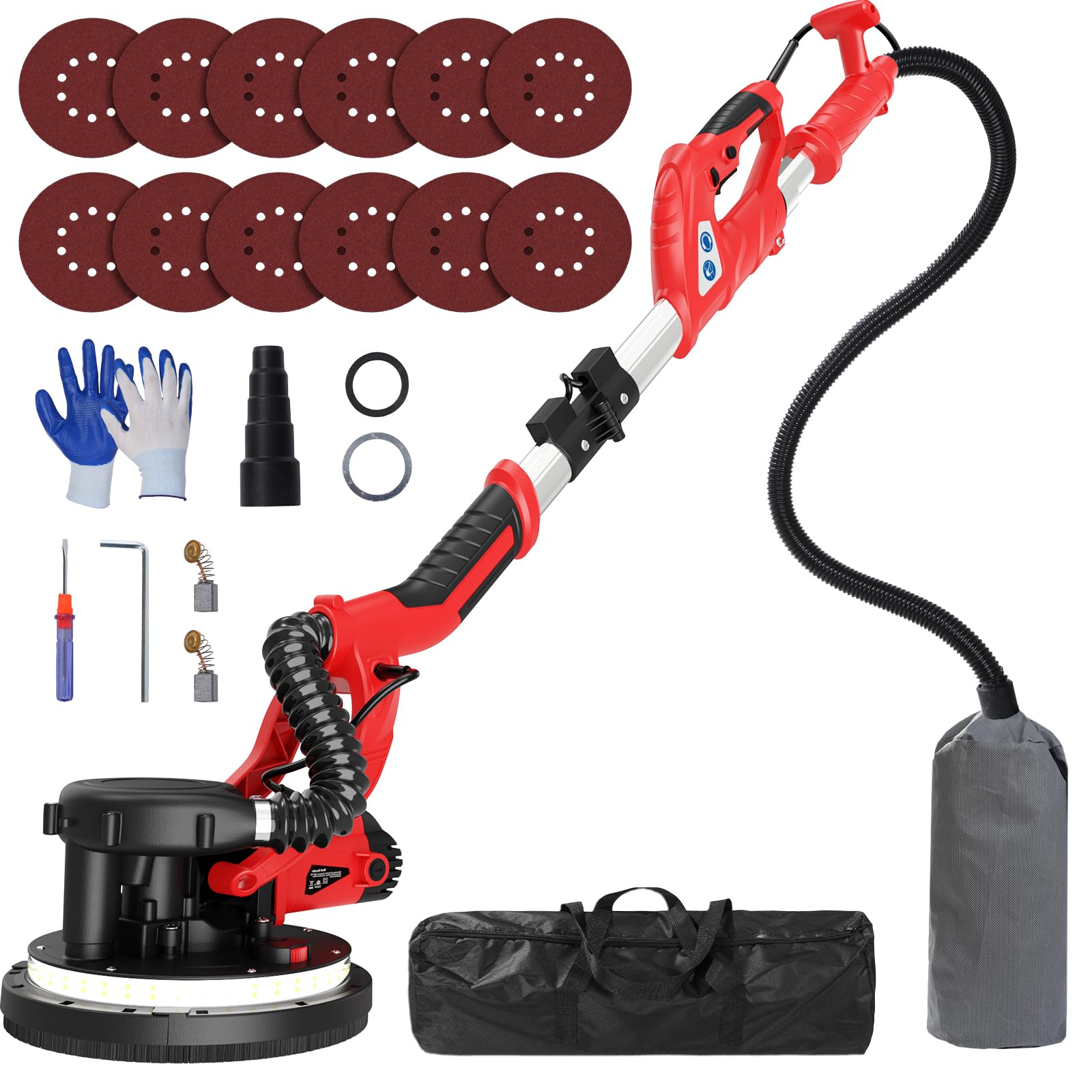 Drywall Sander with Vacuum Dust Collector, IMQUALI® 6.8A 750W Sander Tool with 7 Variable Speed 800-1750RPM, Popcorn Ceiling Removal Tool, Extendable Handle, LED Light,12pcs Sanding Discs, Red, I01R