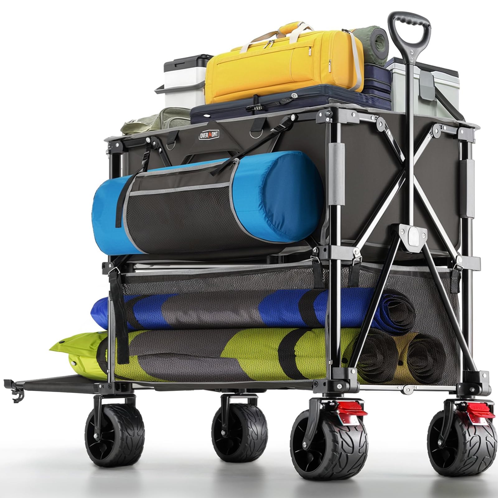 Overmont 400L Foldable Double Decker Wagon - Large Capacity Collapsible Wagon Cart- 52" Extra Long Extender - All-Terrain Big Wheels for Camping, Football Game, Sports Events, Support Up to 450lbs