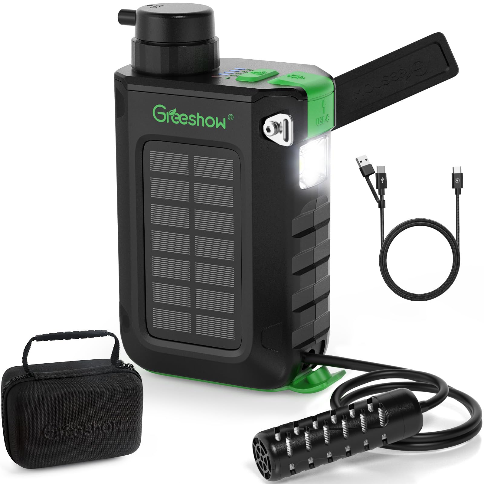 Greeshow Electric Portable Water Filter Camping - Solar Powered, Hand Crank, USB Charging, Water Purifier Survival with Emergency Light for Hiking Backpacking Travel Outdoor, Phone Charger, GS-2811