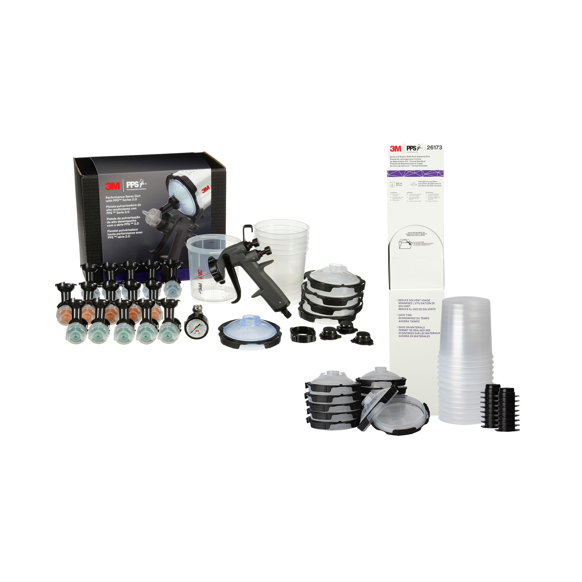3M 2.0 Performance Spray Gun Starter Kit, 26778 + PPS Paint Spray Gun System Refill Kit with 12 Disposable Lids and Liners,16 Sealing Plugs