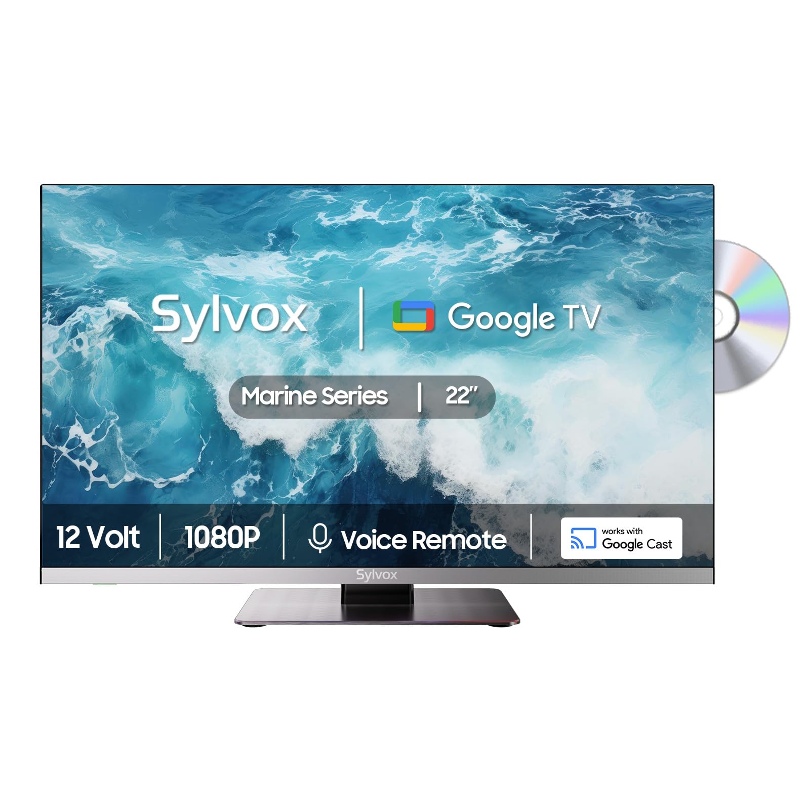 SYLVOX 12 Volt TV, 22" Smart TV with DVD Player Built in, 1080P Google TV System ATSC NTSC WiFi Bluetooth HDMI USB, AC/DC Powered, 12V TV for RV Camper Boat Coastal Home (Marine Series)