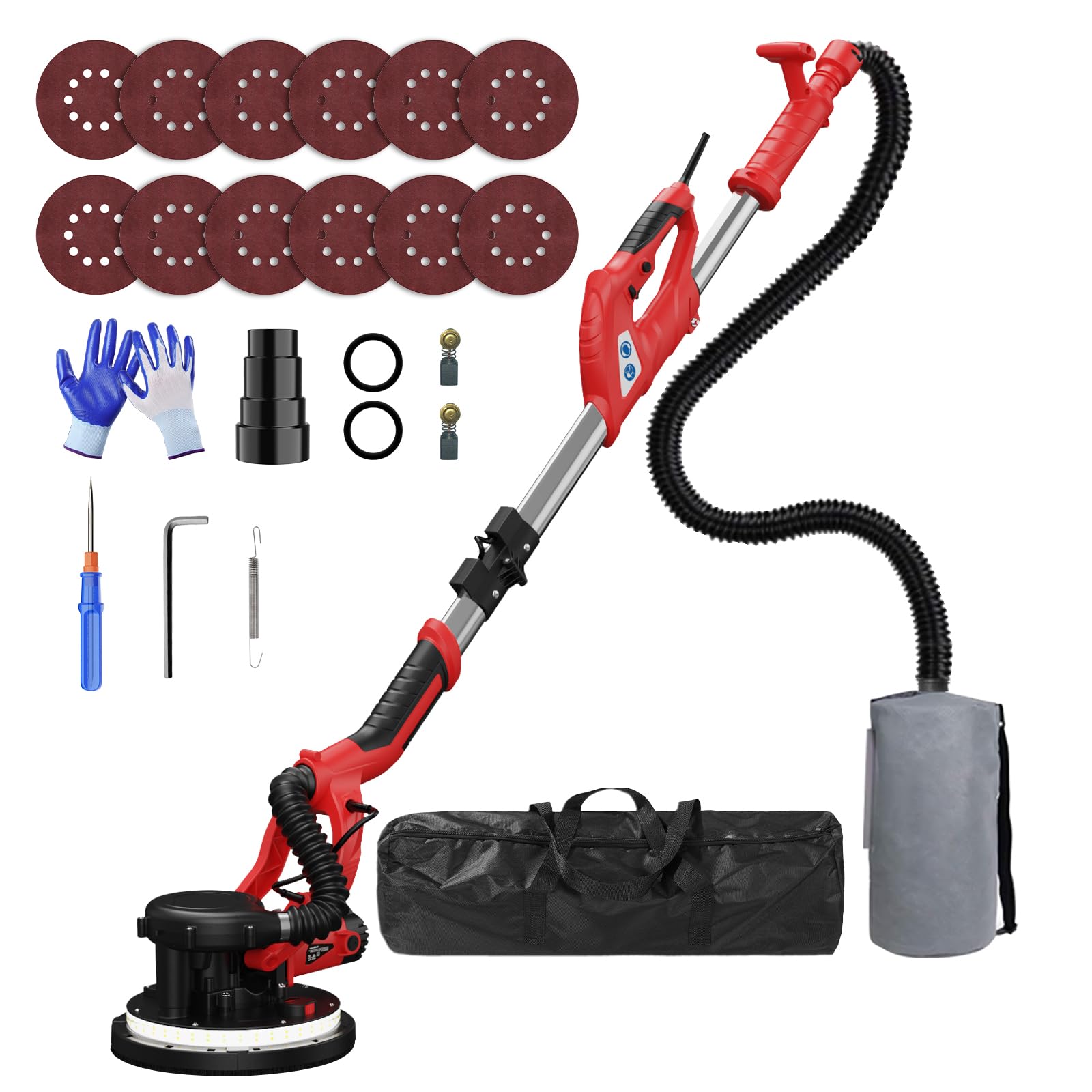 IMQUALI Drywall Sander with Vacuum Dust Collector(02/11/2025 Upgraded) 8-Amp Popcorn Ceiling Removal Tool with 7 Variable Speed 800-1800RPM, Extendable Handle, LED Light, 12pcs Sanding Discs, Red