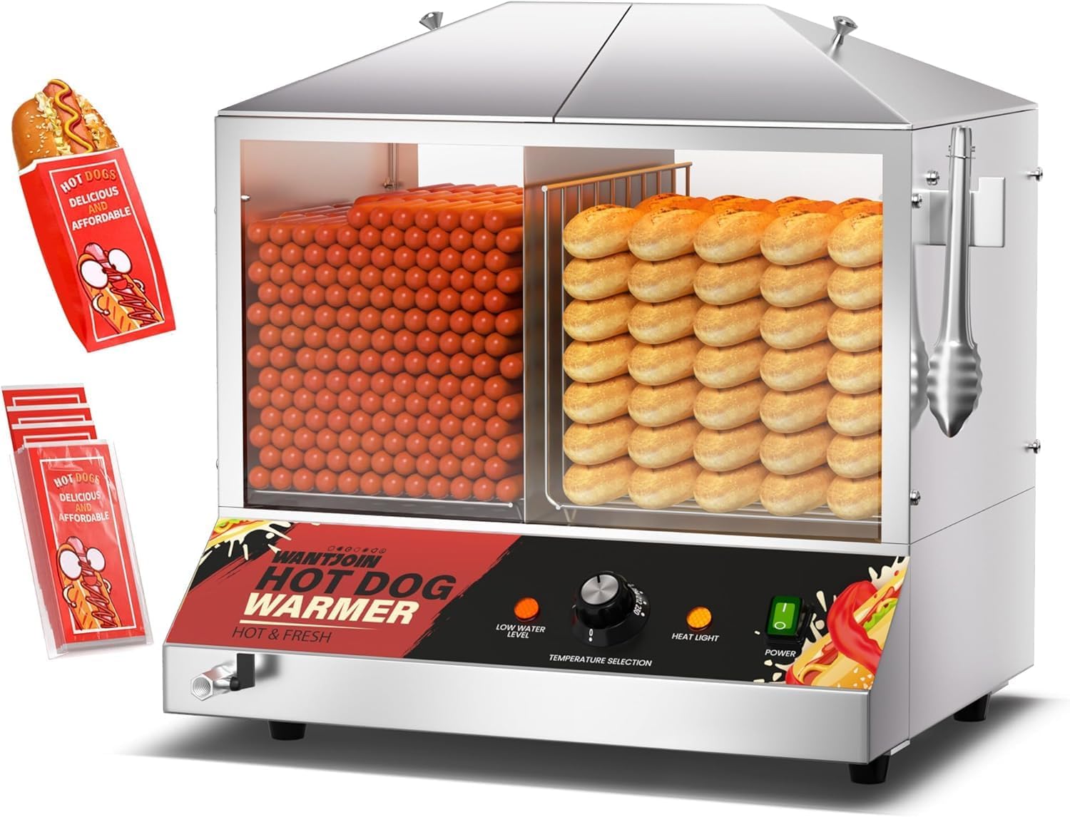 WantJoin Commercial Hot Dog Steamer - 36L/38QT Hot Dog Steamer with Bun Warmer, Stainless Steel Hot Dog Cabinet with Tempered Glass 200-275 Sausages & 40-45 Buns,1200W