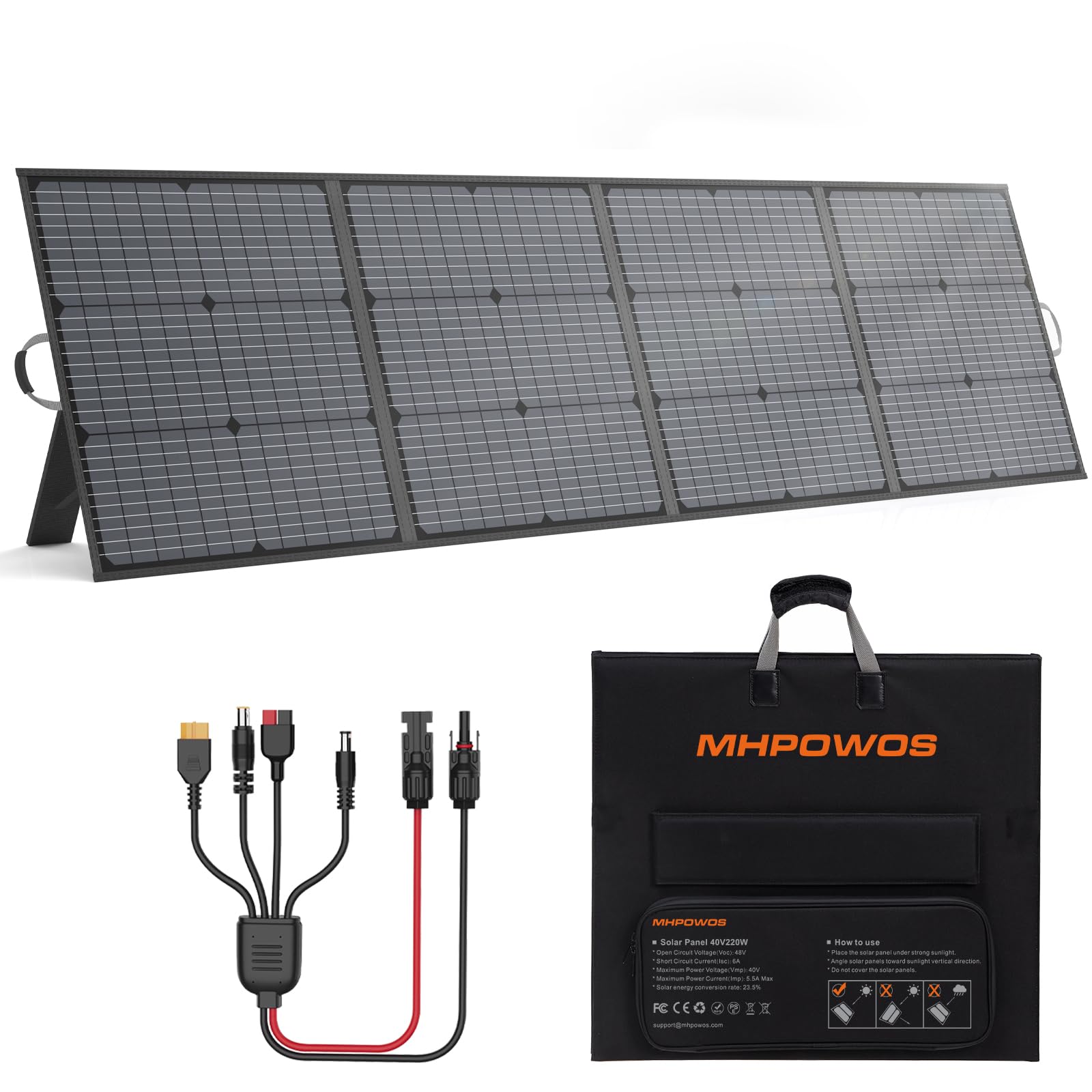 MHPOWOS Portable Solar Panel 220W 40V Monocrystalline Foldable Solar Panels Charger Power Backup, IP67 Waterproof Durable for Power Station RV Camping Off Grid Fishing