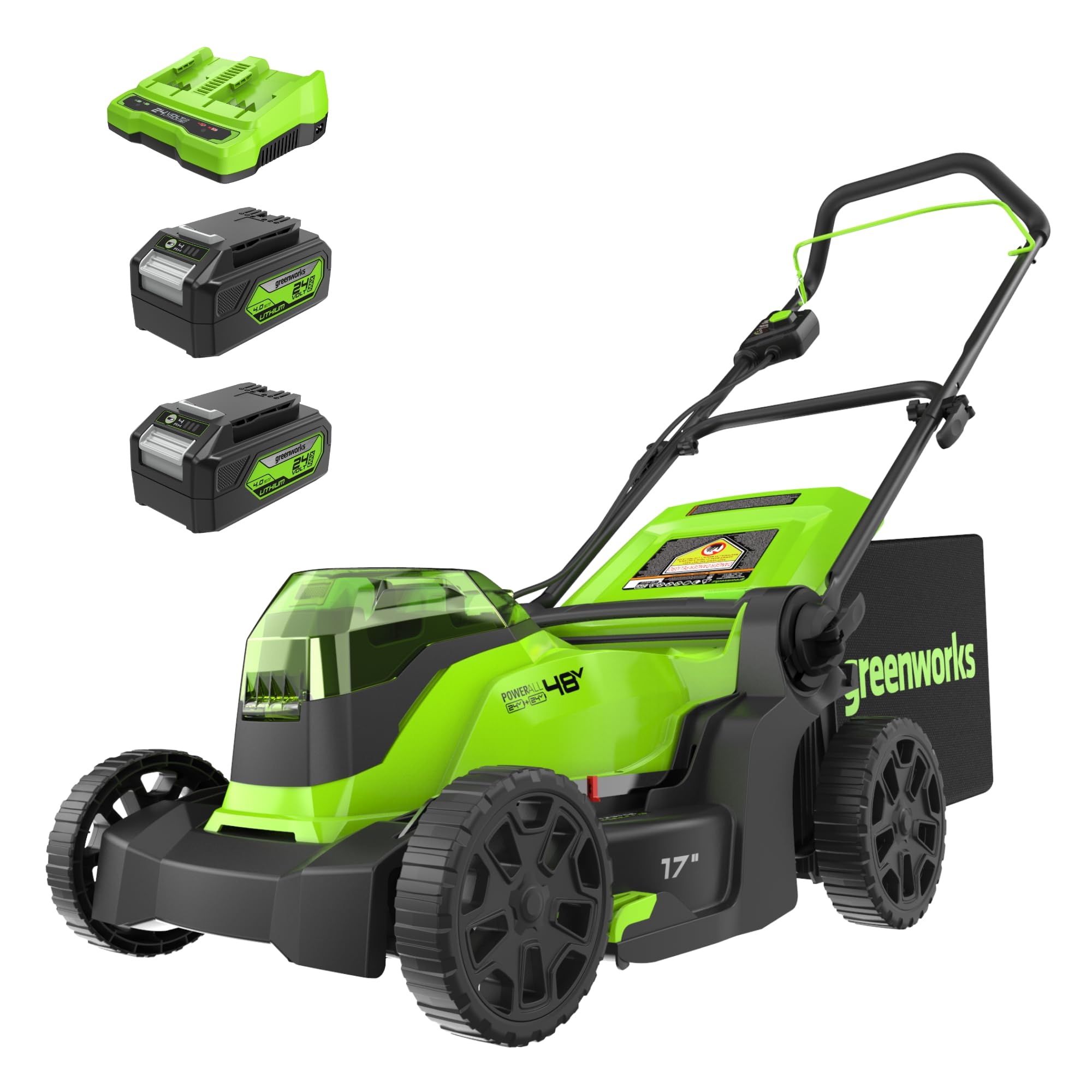 Greenworks 48V (2 x 24V) 17" Brushless Cordless (Push) Lawn Mower, (2) 4.0Ah Batteries and Dual Port Rapid Charger Included