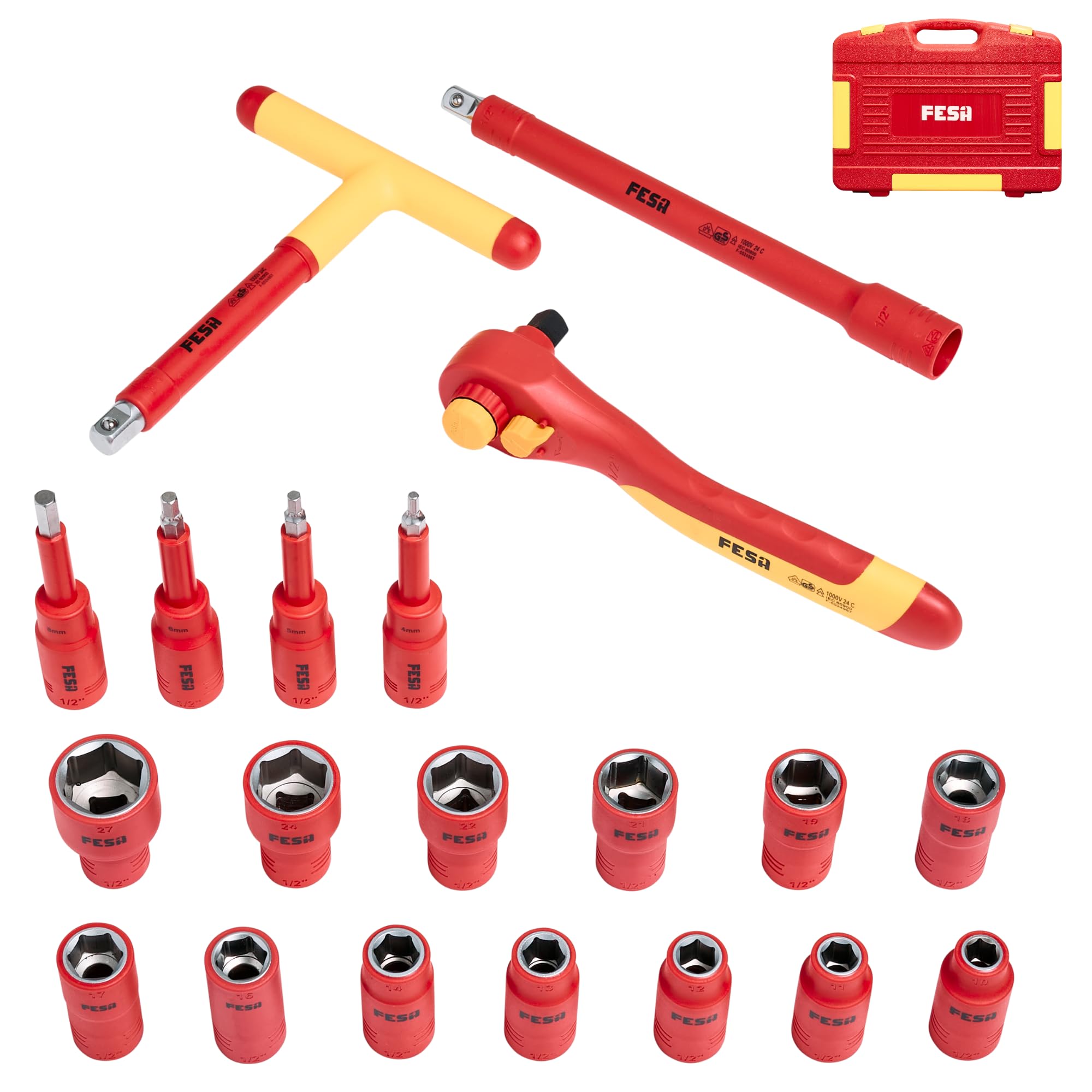 FESA Electrician Insulated Socket Set - 1000V 20-Piece Professional Insulated Ratchet & Socket Wrench Set (1/2" Drive) w/ 4 Hex Bits, T-Handle & Extension - 1000 Volt Insulated Tools for Electricians