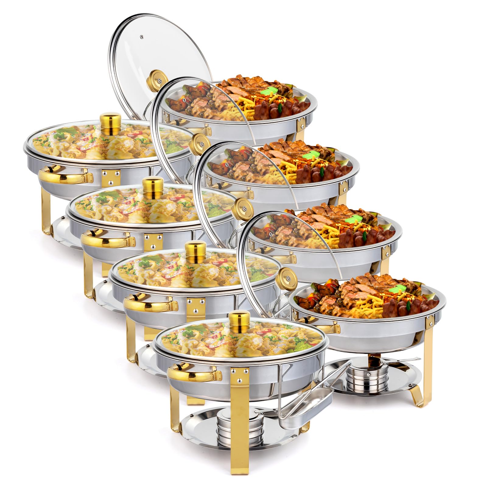 ROVSUN 5QT 8 Pack Chafing Dish Set Gold Accent, Round NSF Stainless Steel Buffet Warmer Chafers with Glass Lid & Lid Holder for Catering Events Parties Weddings Dinners