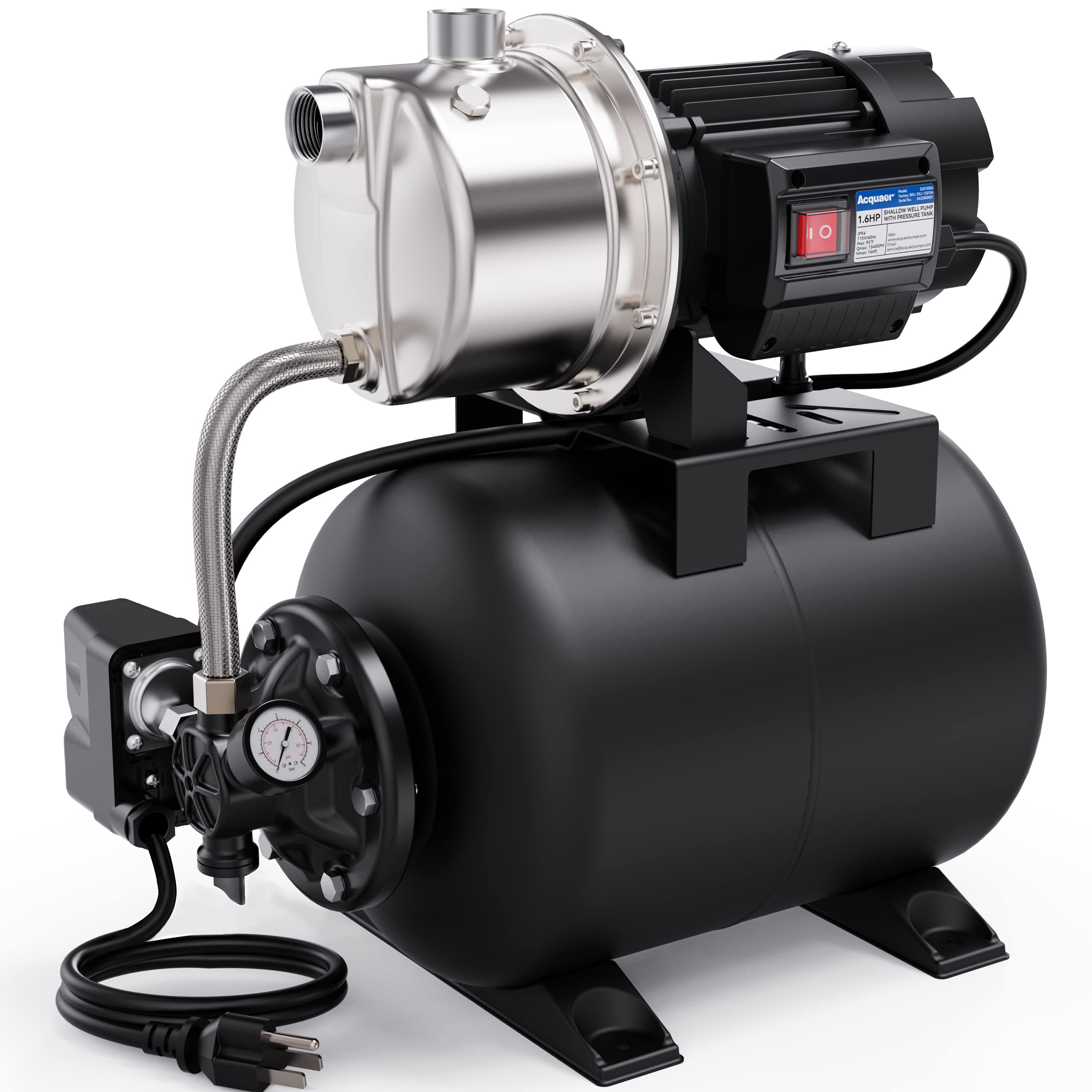 Acquaer 1.6 HP Shallow Well Pump with Pressure Tank, Stainless Steel, 1320 GPH 115V Irrigation Pump, Automatic Water Booster Jet Pump for Home, Garden, Lawn