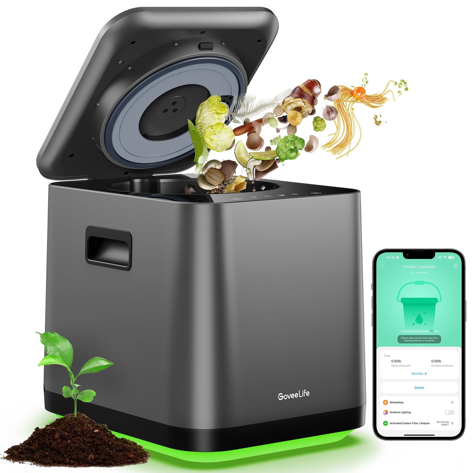 GoveeLife Smart Electric Composter for Kitchen, 3L Compost Bin Indoor with App & Voice Control, Auto-Cleaning, 3 Modes, Turn Food Waste to Fertilizer for Garden, Food Waste Compost Machine
