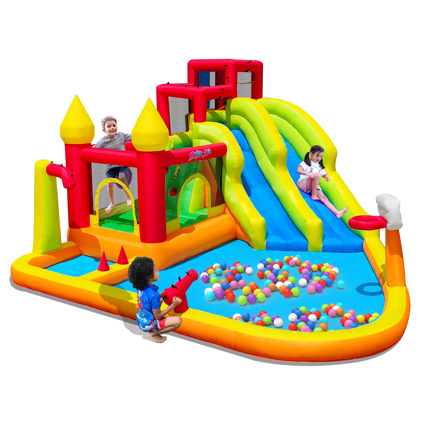 MIRUNAIR Inflatable Bounce House with Slides, Inflatable Water Slide for Kids Backyard, Bounce Water Prak with Air Blower, Splash Pool, Water Cannon, Climbing Wall, Outdoor Backyard Water Park