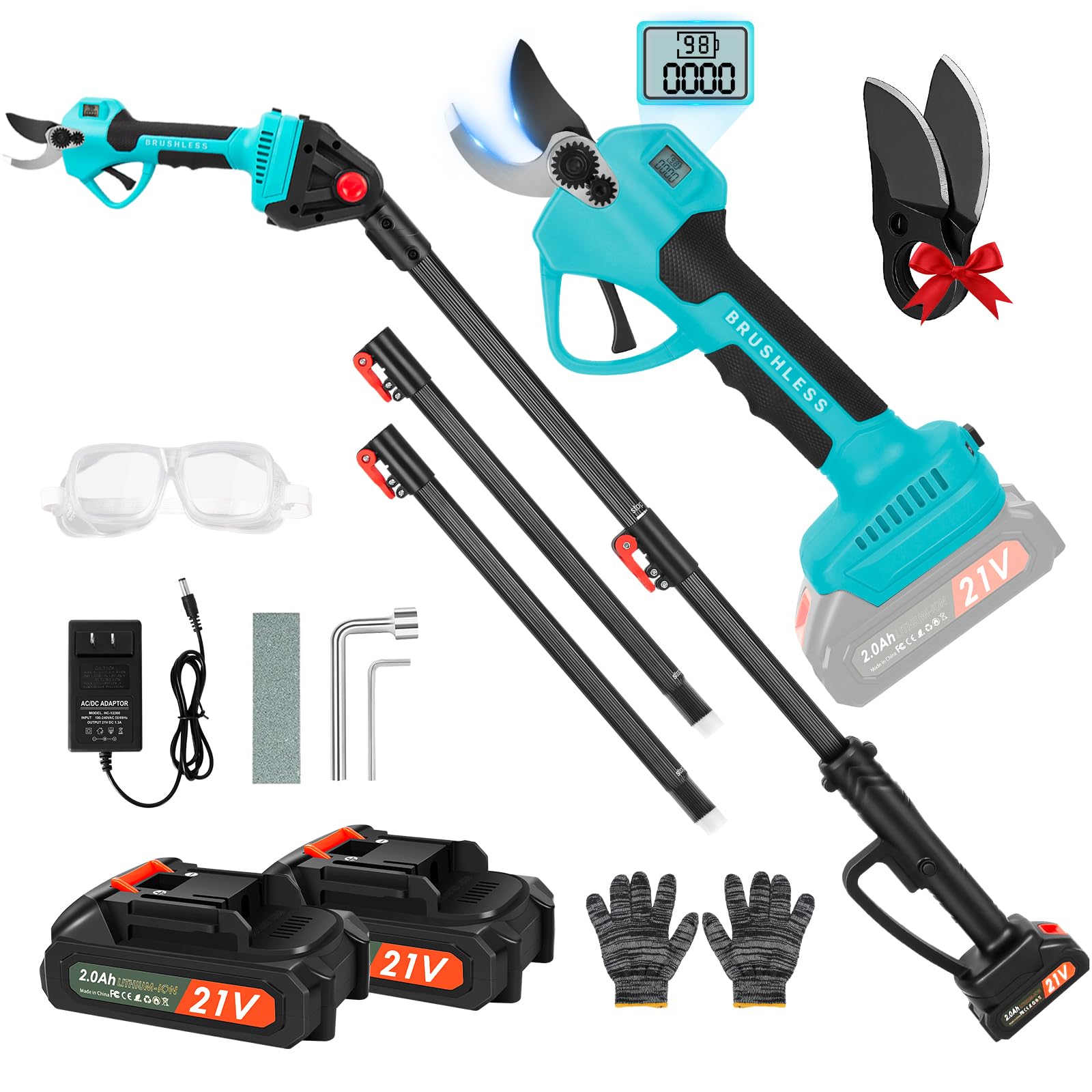 21V 2-in-1 Cordless Pole Pruning Shears, 1.6" Cutting Diameter Electric Pruning Shears with 9 ft Extension Pole, Tree Pruner with 2pcs 2.0Ah Rechargeable Lithium Battery, LCD Display Screen SK7 Blades