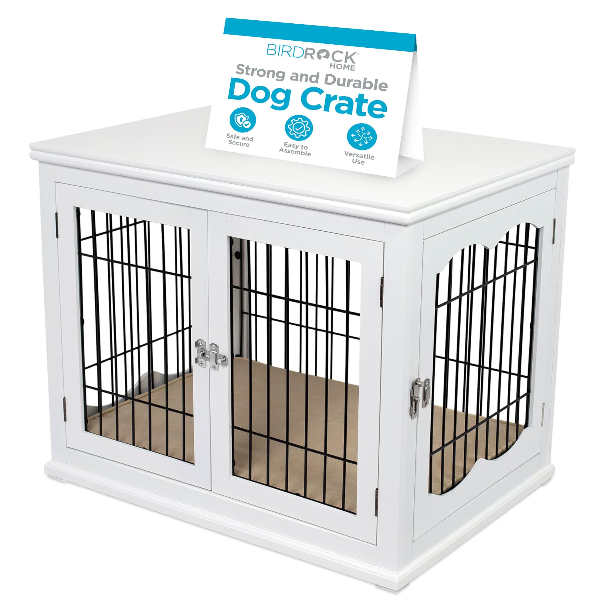 INTERNET'S BEST Decorative Dog Kennel with Pet Bed, Small Pet House, Double Door Indoor Crate, Engineered Wood & Wire Furniture, Side Table & Nightstand, Fits Small Dogs - White