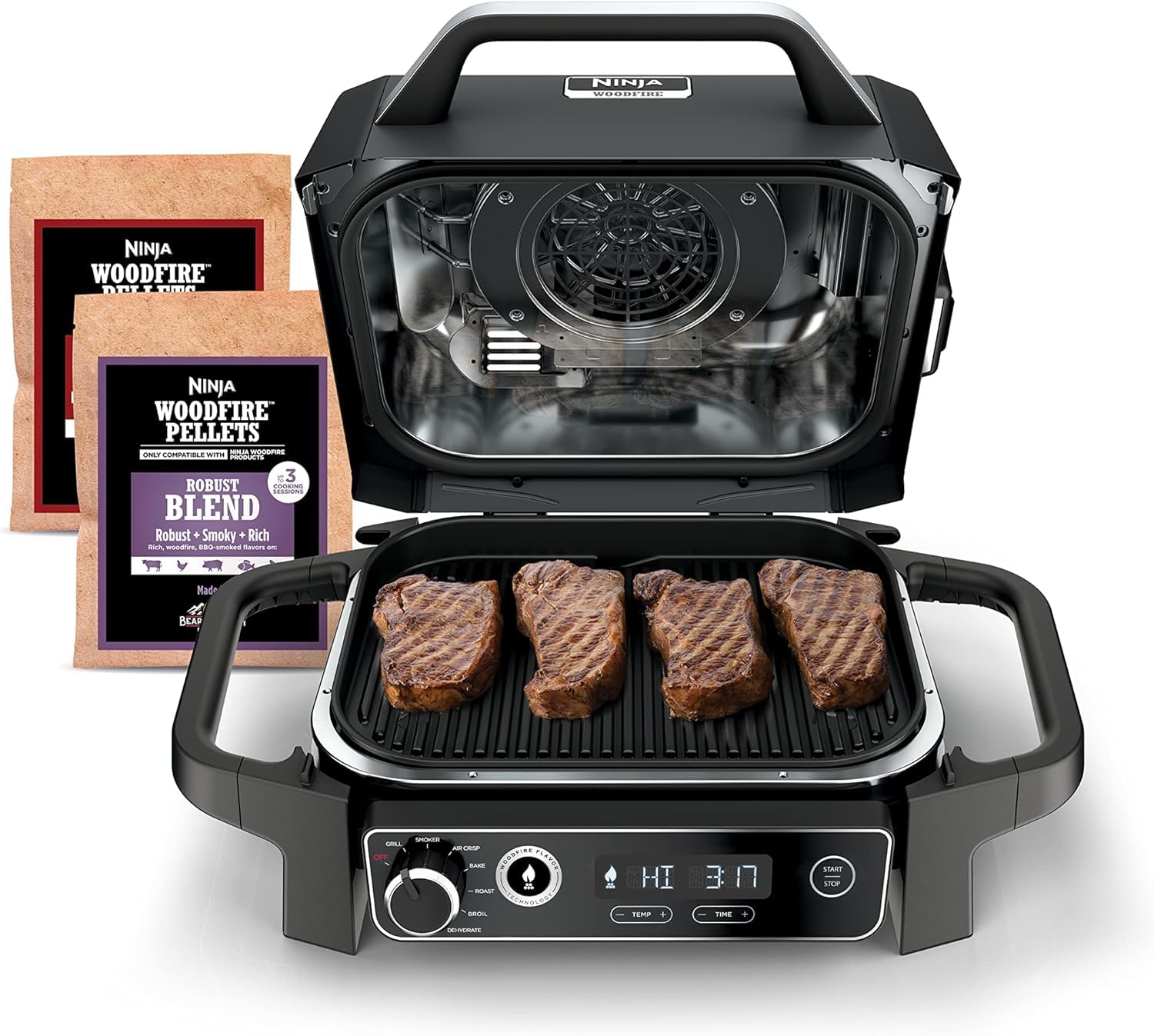 Ninja OG701 7 in 1 Outdoor Elecrical Gill & Smoker - Best for Grilling, BBQ, Air Frying, Baking, Roast, Dehydration & Broil - Burn with Wood fire Pellets