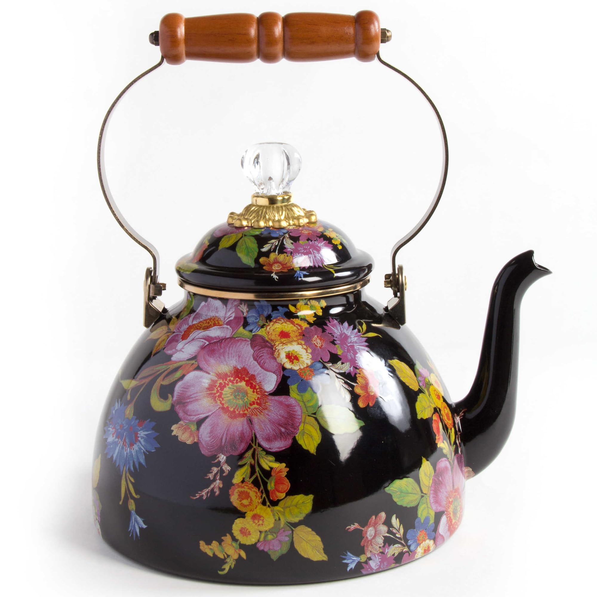 MACKENZIE-CHILDS Enamel Tea Kettle, Cute Kitchen Kettle for Stovetop, 3-Quart Capacity, Black Flower Market
