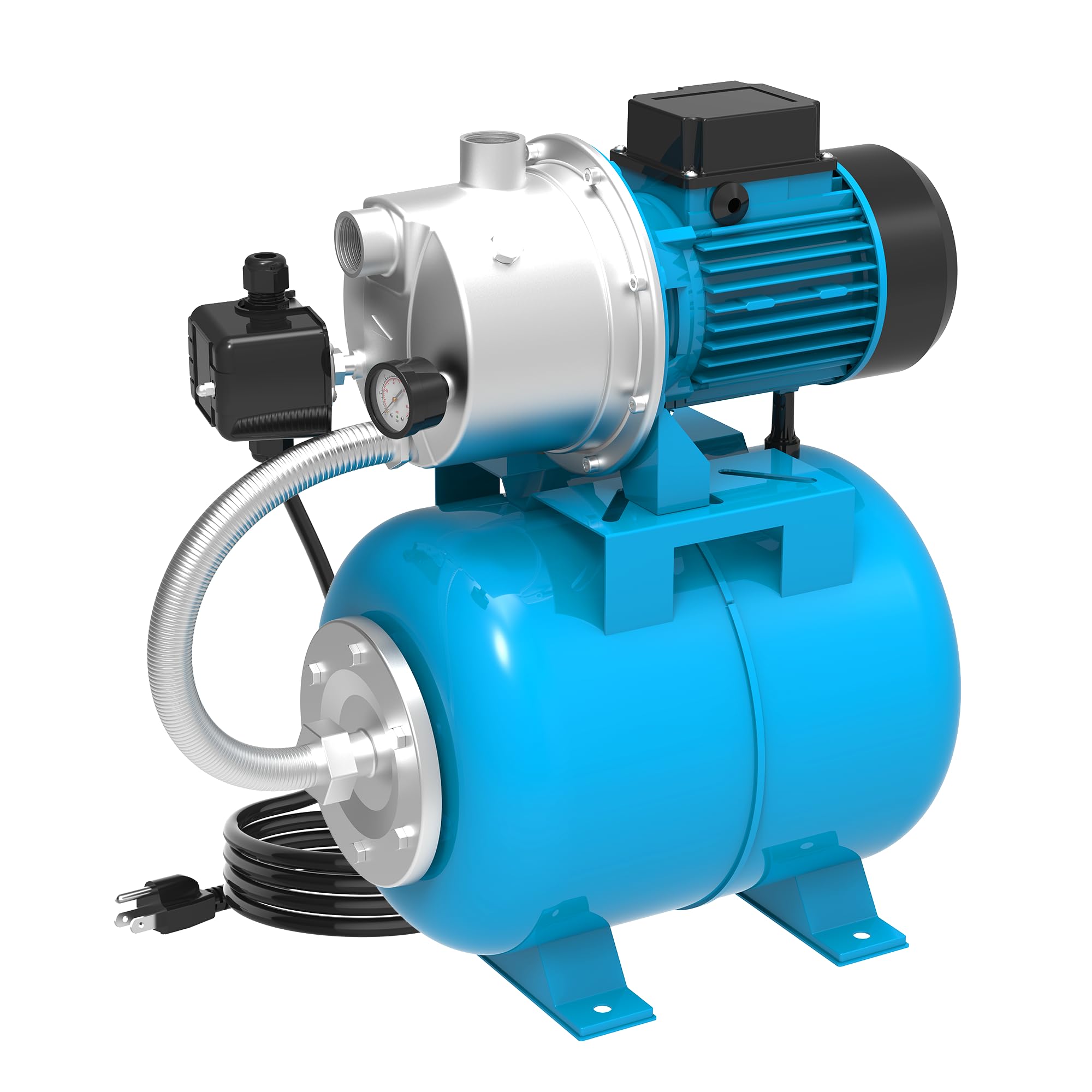 BOMGIE Shallow Well Pump with Pressure Tank 1.5HP, Irrigation Jet Pump 1200 GPH Automatic Booster Sprinkler System,Stainless Steel Water Transfer Camp Pumps for Home, Garden, Lawn