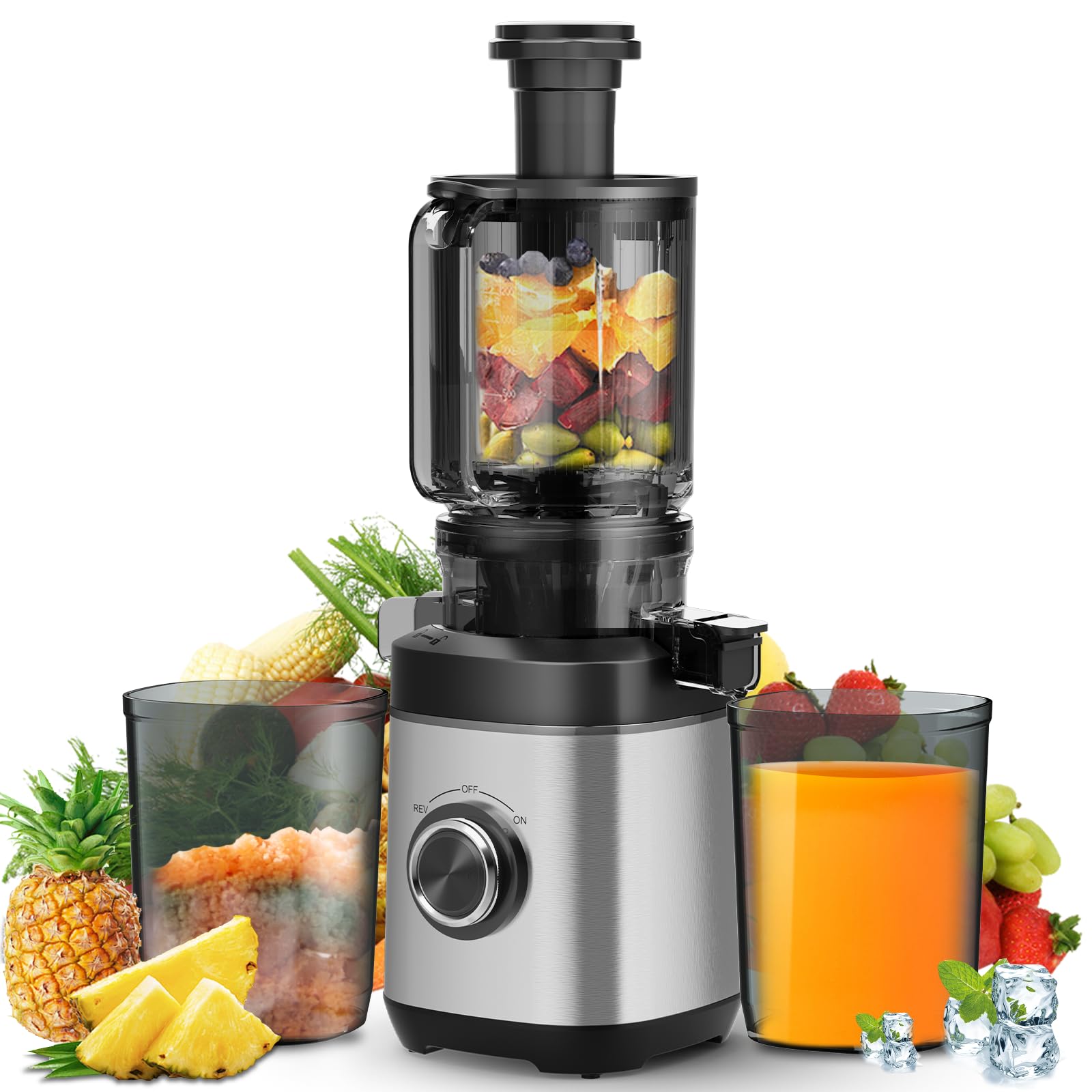 PSIIDAN Juicer Machines, Cold Press Juicer for Whole Fruit and Vegetable, Masticating Juicers, High Juice Yield, Juice Extractor Machine, BPA Free (Silver)