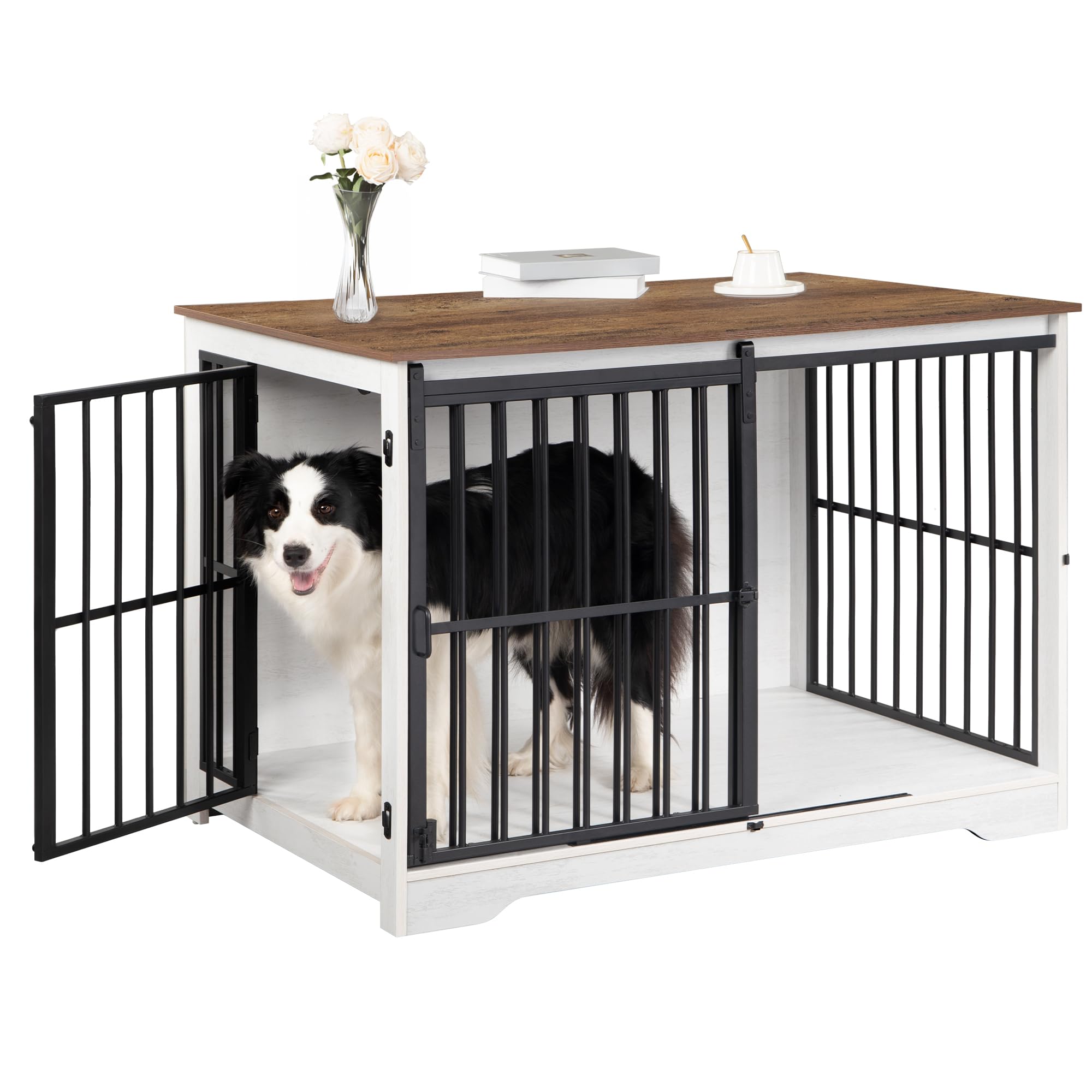 Hzuaneri XL Large Dog Crate Furniture, 44.1" Indoor Dog Kennel Furniture with Barn Door, Wooden Tall Dog Crate, Heavy Duty Dog Cage for Large Dogs, Side End Table, Anti-Chew, White Brown DFC80114B