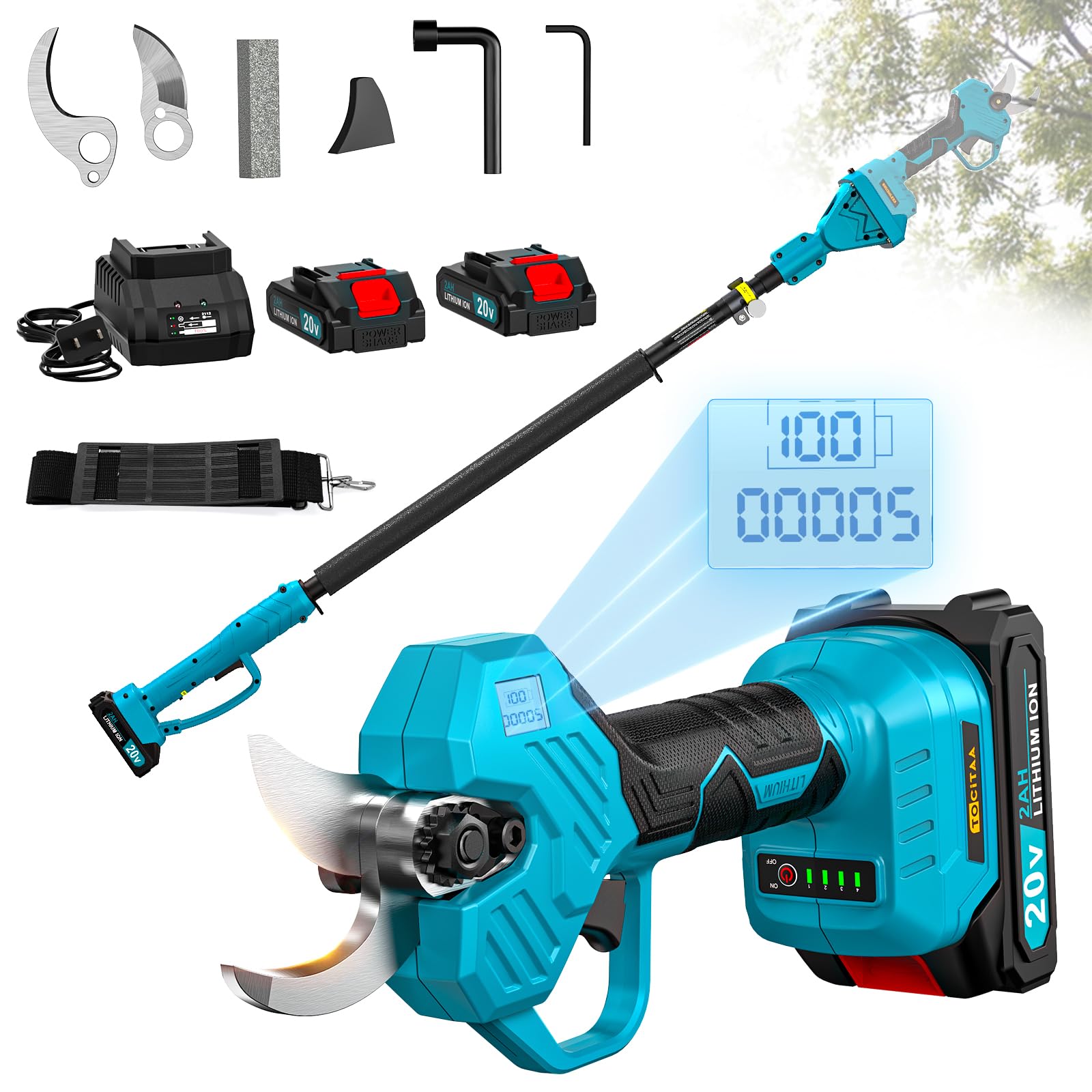 Electric Pruning Shears for Makita Battery, Pruners for Gardening 1.5-2 Inch Cutting Diameter with 2 Pack 2.0Ah Batteries, Cordless 13ft. Pole Pruner for Tree Trimming Branch Cutter with Pruning Blade