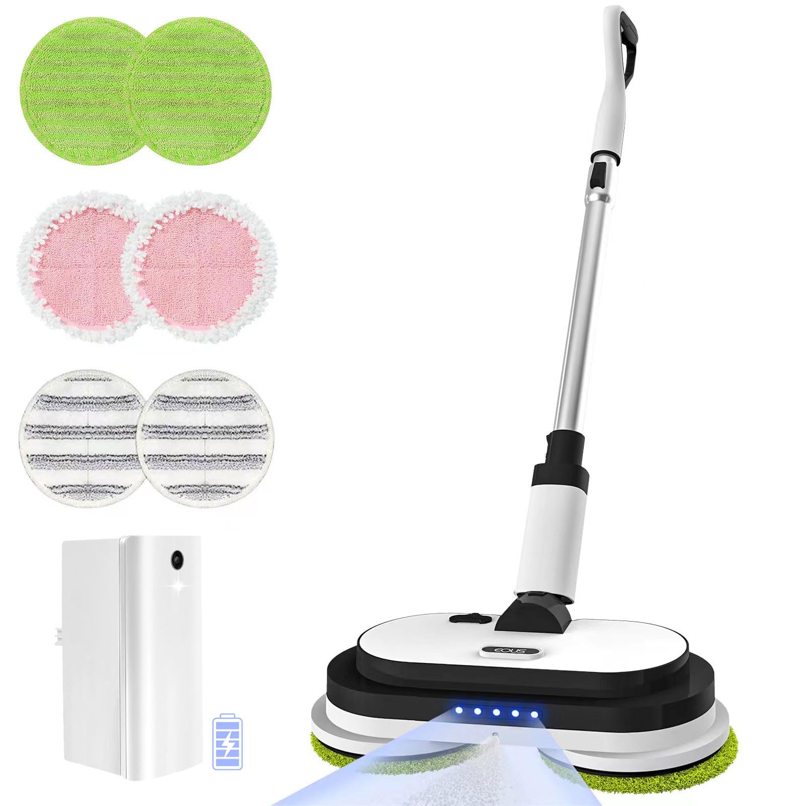 EOUS Cordless Electric Mop, Floor Cleaner with LED Headlight & Water Sprayer, Up to 60 Mins Detachable Battery, Dual-Motor Powerful Spin Mop, 300ML Water Tank for Multi-Surface, Self-Propelled