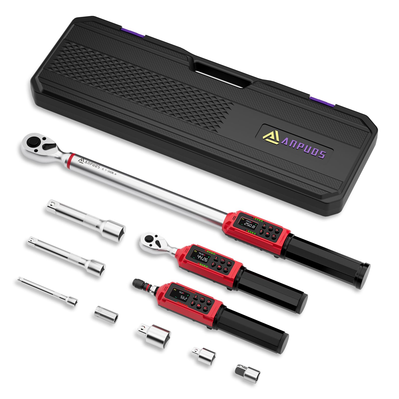 ANPUDS 1/4" 3/8" 1/2" Digital Torque Wrench Screwdriver Set, 11Pcs Electronic Torque Wrench Screwdriver Set, 0.8-53.1 In.lb, 0.66-44.29 Ft.lb, 3.8-250.8 Ft.lb with Vibration Handle for Bike, Moto, Car