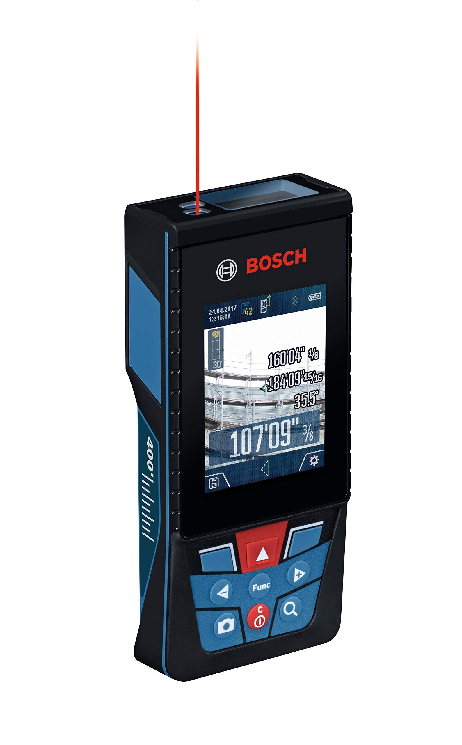 BOSCH GLM400CL 400 Ft Blaze Outdoor Connected Laser Measure, Includes 1.0 Ah 3.7V Lithium-Ion Battery & Charger, Micro USB Cable, Hand Strap, & Pouch
