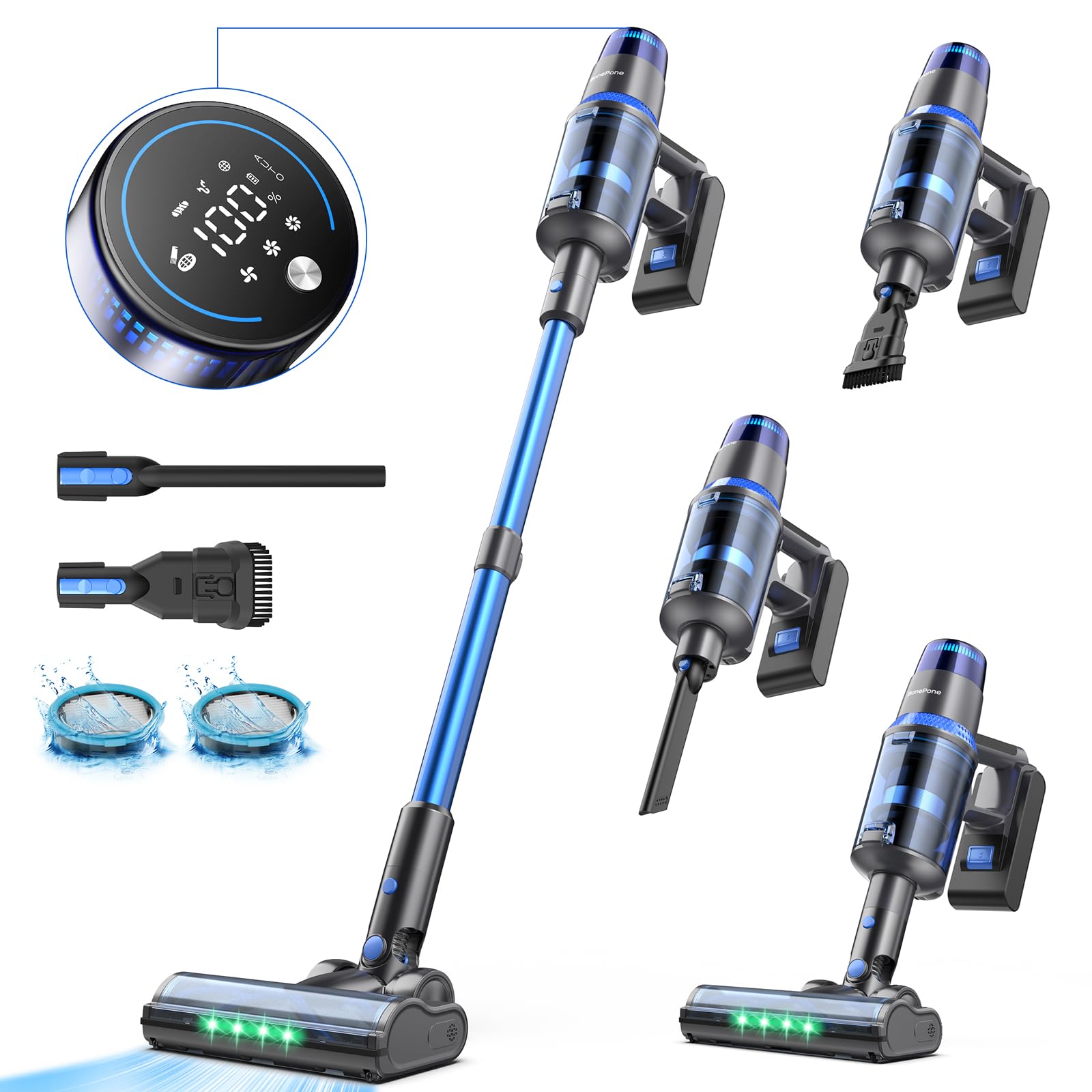 BonePone V25 Cordless Vacuum Cleaner, 680W 60Kpa Powerful Stick Vacuum with Dust Sensor, Digital Display, 4000mAh Rechargeable Battery up to 60Mins, Versatile for Pet Hair, Floor, Carpet