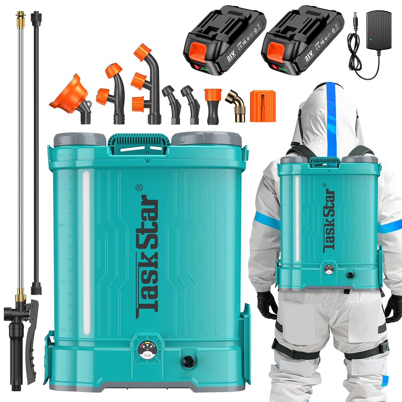 Backpack Sprayer 4 Gallon Battery Powered Electric - TaskStar Total 4000mAh Battery Lawn Sprayer 100PSI Adjustable Pressure with 2 Wands, 6 Nozzles, Lawn Yard Weed Battery Sprayer for Garden