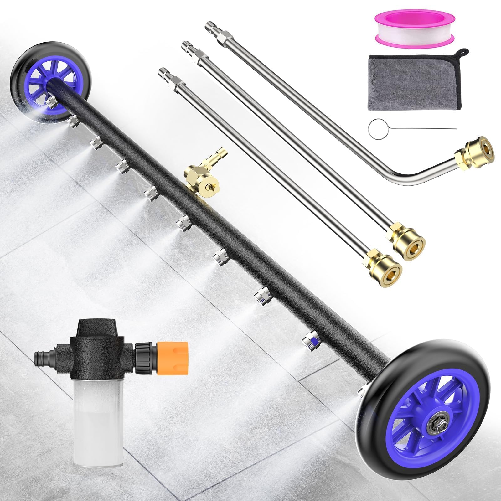 Aihand 35'' Undercarriage Pressure Washer Attachment - 2-in-1 Power Washer Under Car Cleaner with 100ML Foam Cannon, 10 Nozzles,4000 PSI Water Broom with 3PCS Extension Wand Undercarriage Sprayer,Blue