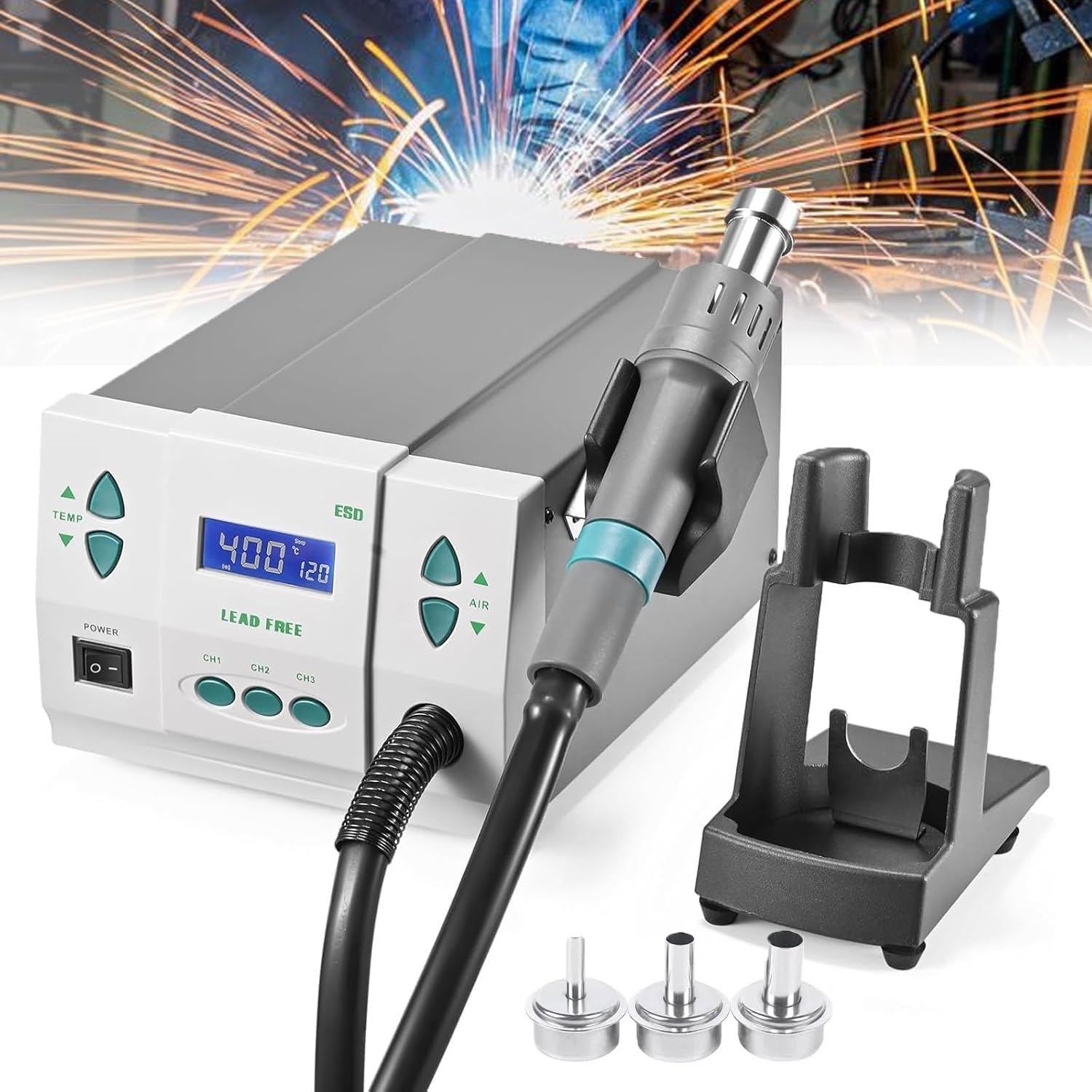 1000W Hot Air Rework Station, with Adjustable 100℃~500℃ Heat Gun, 250cm/s Digital Display Station Solder Iron Station Welding Tool Kit, with 3pcs Nozzles, Brushless DC Vortex Blower, for Electronics
