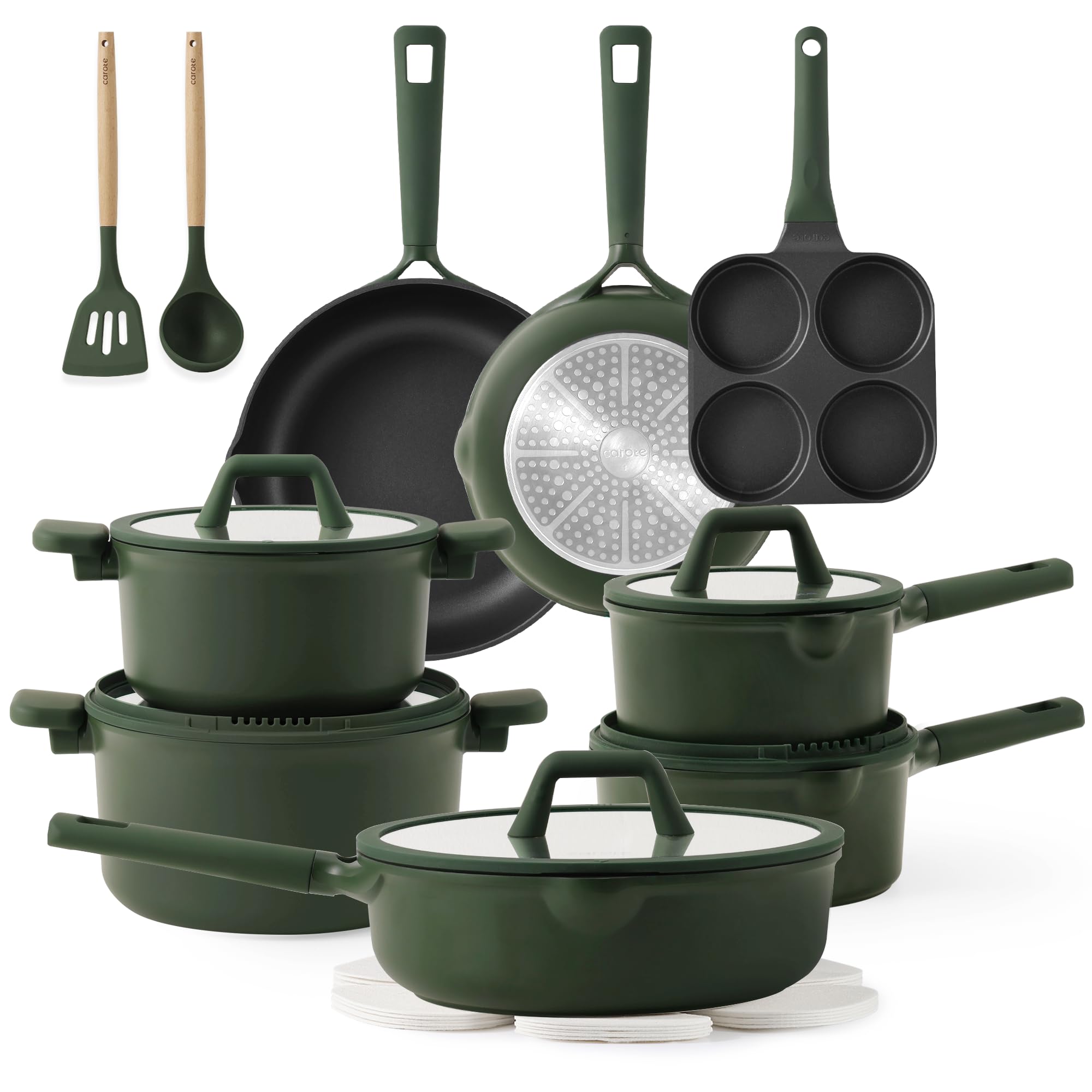 CAROTE 19pcs Nonstick Cookware Sets, Pots and Pans Set Non Stick，kitchen cookware set，Premium Induction Cookware, Green Cookwares, Frying pans, cooking sets
