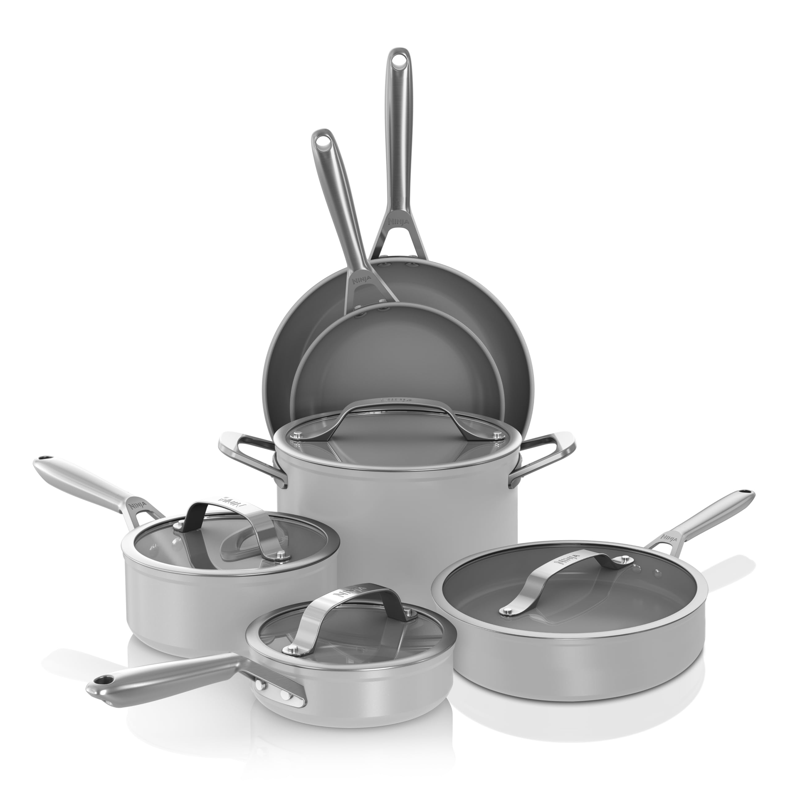Ninja Ceramic Pro 10-Piece Cookware Set, Non-Stick Pots & Pans Set with Glass Lids, PTFE Free, Ceramic Coated, Stove to Oven Safe, All Stovetops & Induction Compatible, Neutral Gray, CW39010GY
