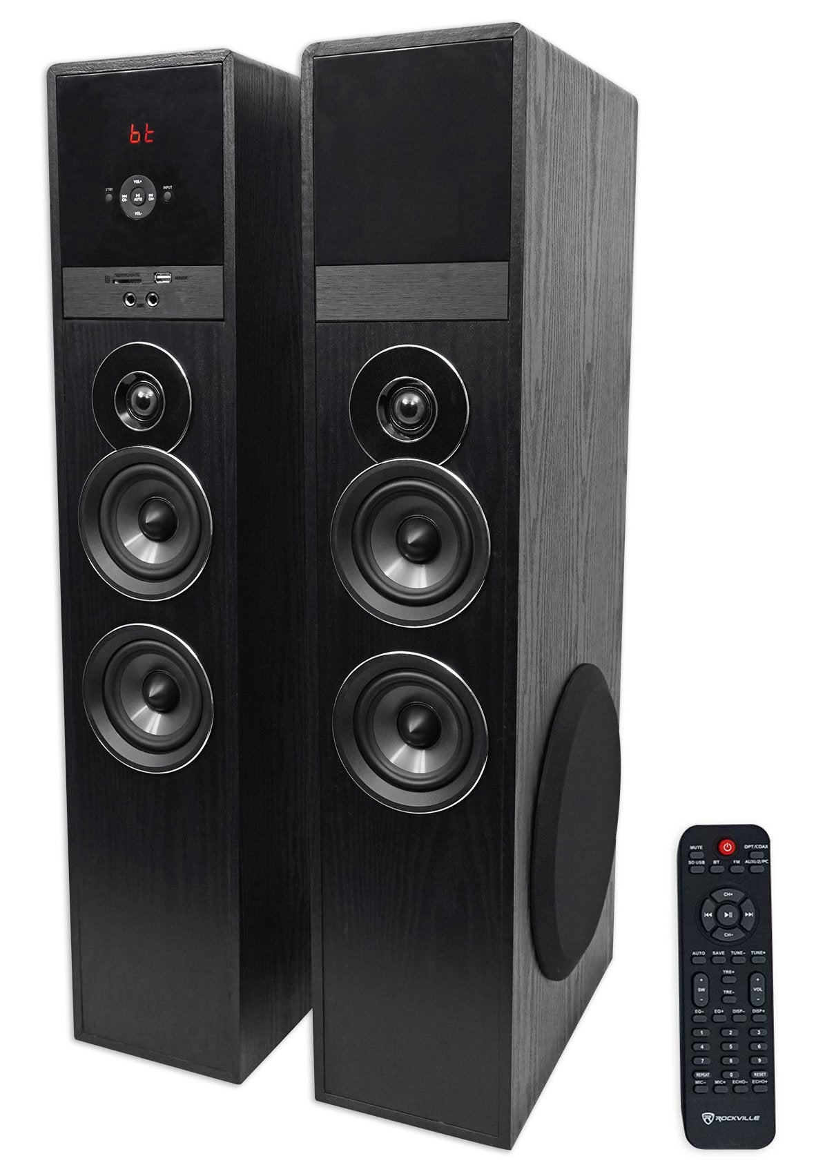 Rockville TM80B Powered Home Theater Tower Speaker System, Black, 800W, 8" Subwoofers, Bluetooth, USB/SD Playback, FM Radio, Remote Control, Karaoke Ready, Perfect for Home Entertainment