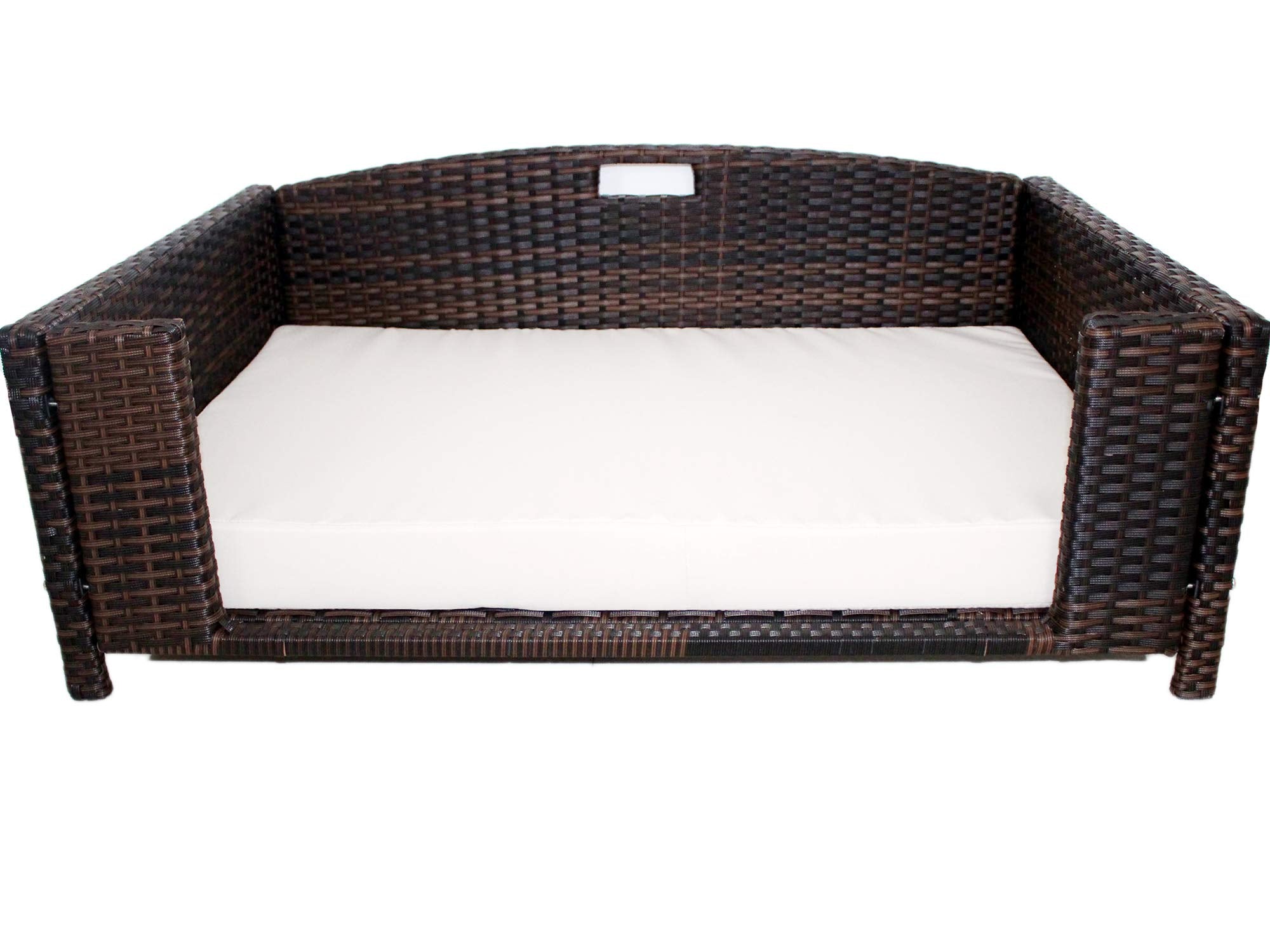 Iconic Pet Rectangular Rattan/Wicker Pet Bed, Metal Frame Indoor/Outdoor Furniture Pet Sofa/Couch for Dogs & Cats, Woven Rattan Dog Bed Water Resistant, Machine Washable Cushion Cover - Large