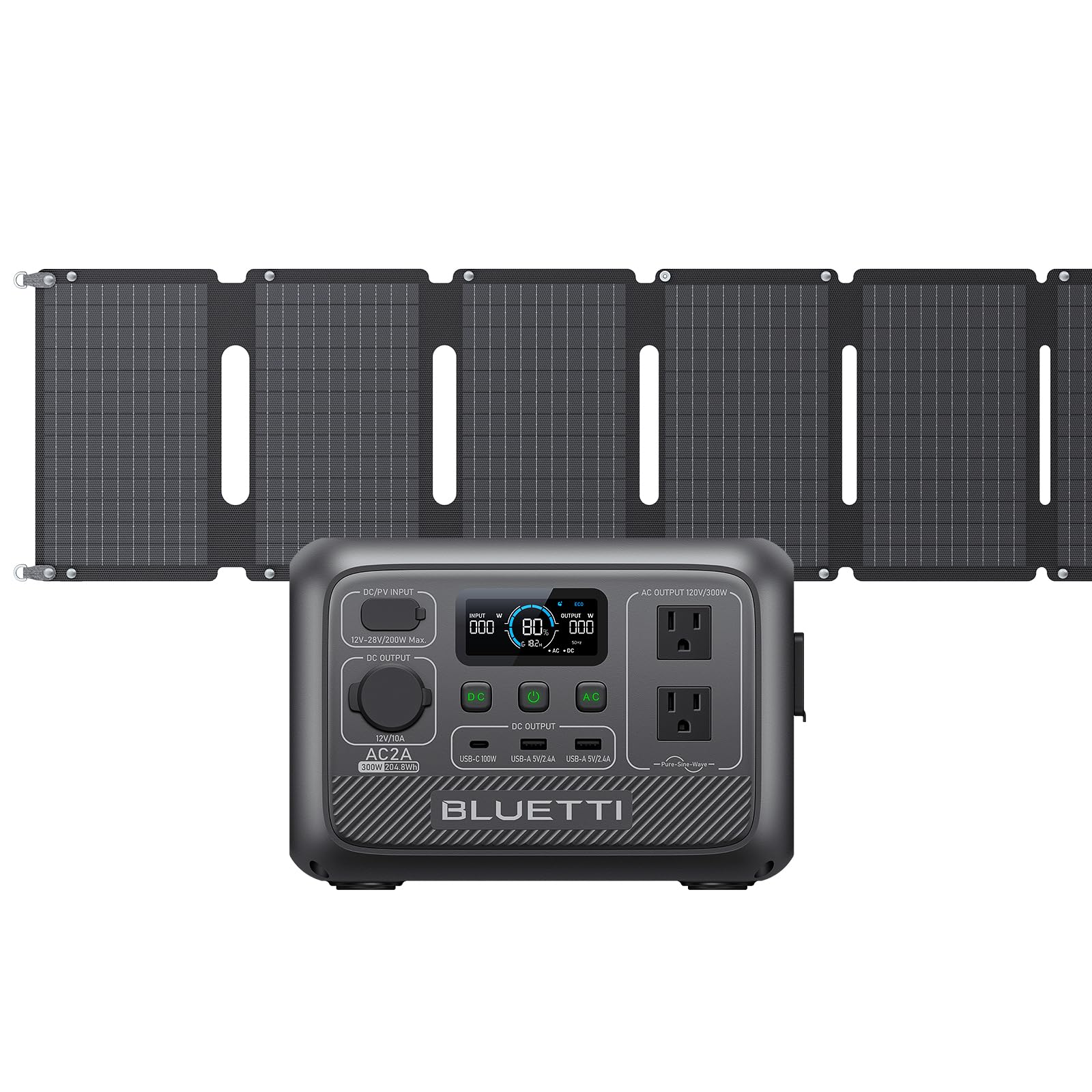 BLUETTI AC2A Portable Power Station with 60W Solar Panel Included (Ships Separately), 204Wh LFP Battery Backup, w/ 2 300W (600W Power Lifting) AC Outlets, 0-80% in 40 Min, Solar Generator for Camping