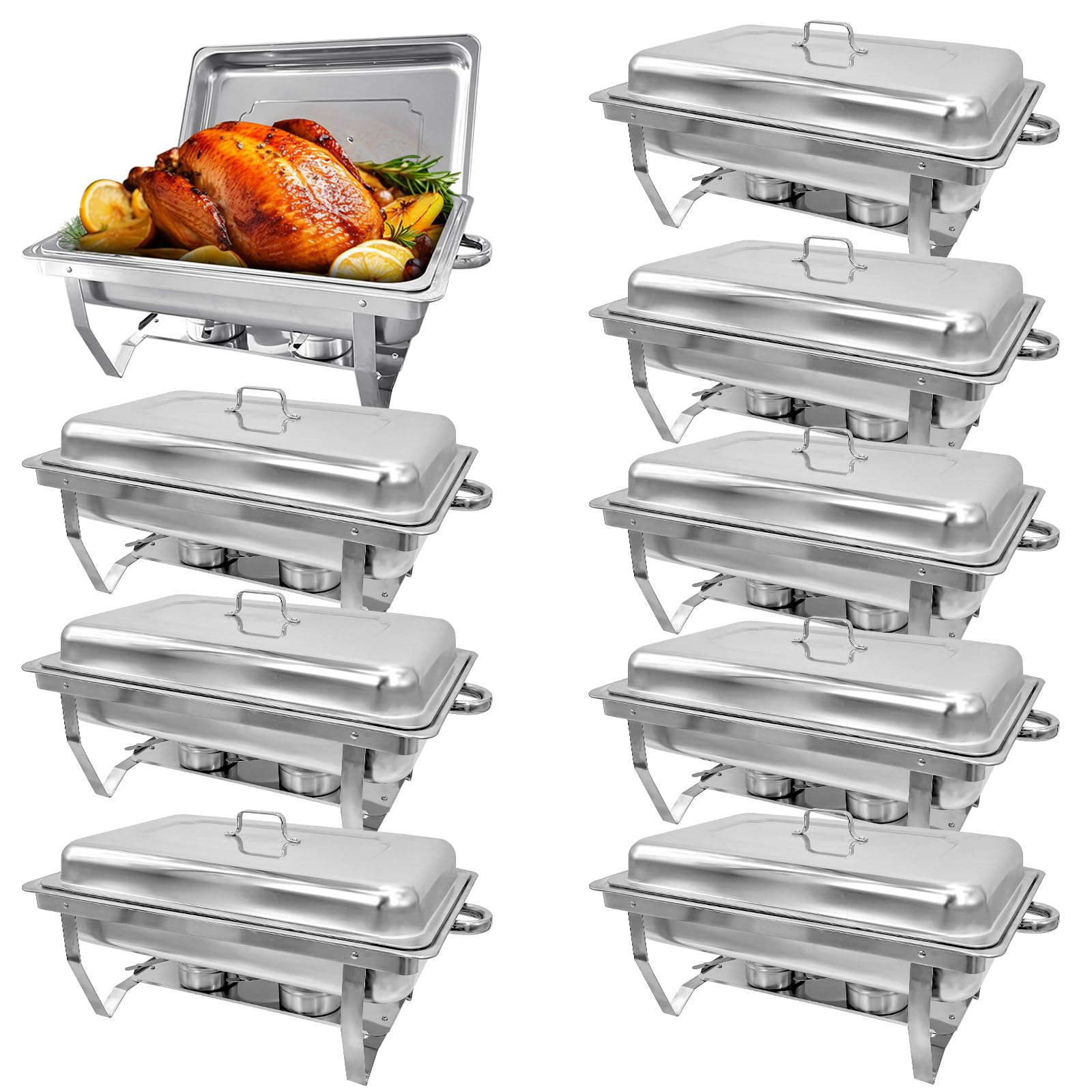 EVGTTI 9 Pack Stainless Steel Chafing Dishes 8 Quart Full Size Chafing Dish Buffet Set Silver Rectangular Catering Chafer Warmer for Buffet Banquet Party Catering Supplies