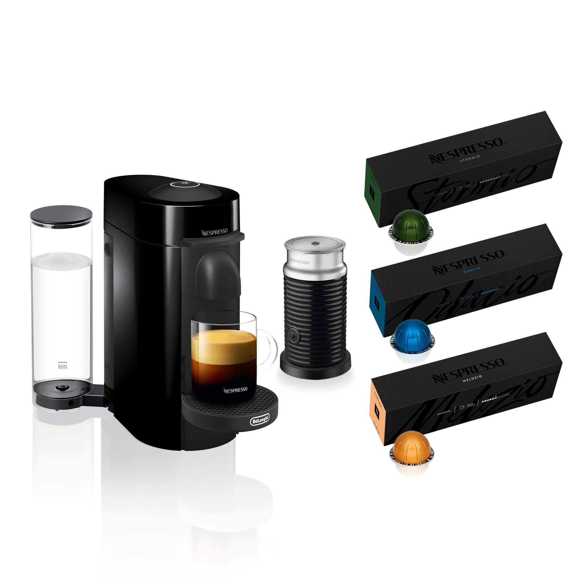 Nespresso VertuoPlus Coffee and Espresso Machine Bundle by De'Longhi with Aeroccino Milk Frother with Vertuoline Variety Pack Coffees included