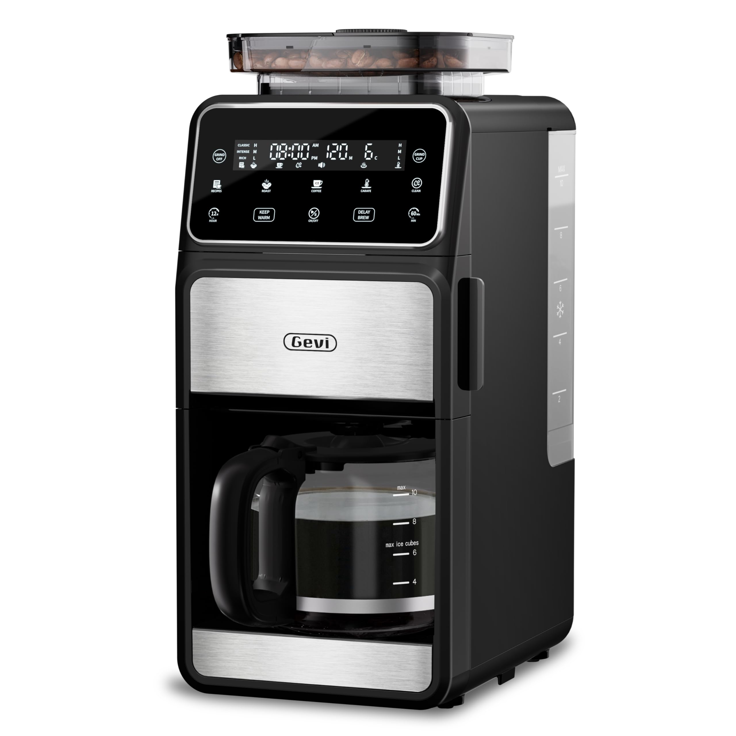 Gevi 10 Cup Drip Coffee Maker with Built-in Grinder, Grind ＆ Brew Burr Combo Coffee Machine with Touch Screen, Programmable, 4-Hour Warm Plate, Permanent Filter, Coffee Carafe