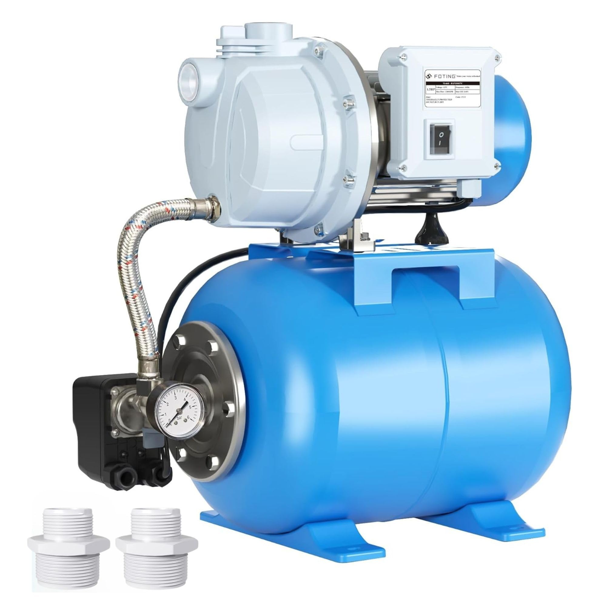 FOTING 1.5HP Shallow Well Pump with Pressure Tank, 1340GPH Irrigation Jet Pump, 115V Automatic Water Pumps Booster System 164FT for Garden Lawn Farm Home