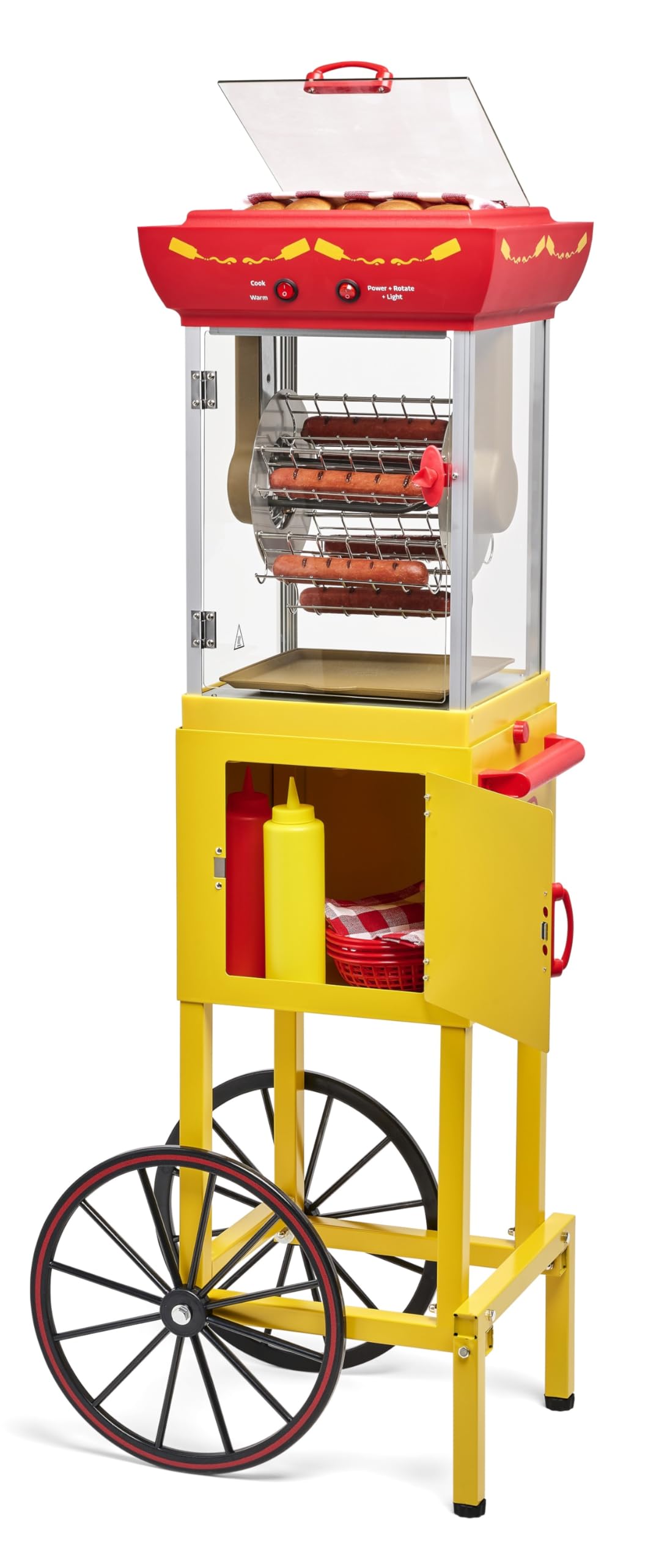 Nostalgia Oscar Mayer Hot Dog Ferris Wheel - Retro Style Hot Dog Roller Cart Toaster - Classic 6-Piece Grill Machine with Bun Warmer, Push Handle, Wheels, Transparent Housing, Storage Compartment