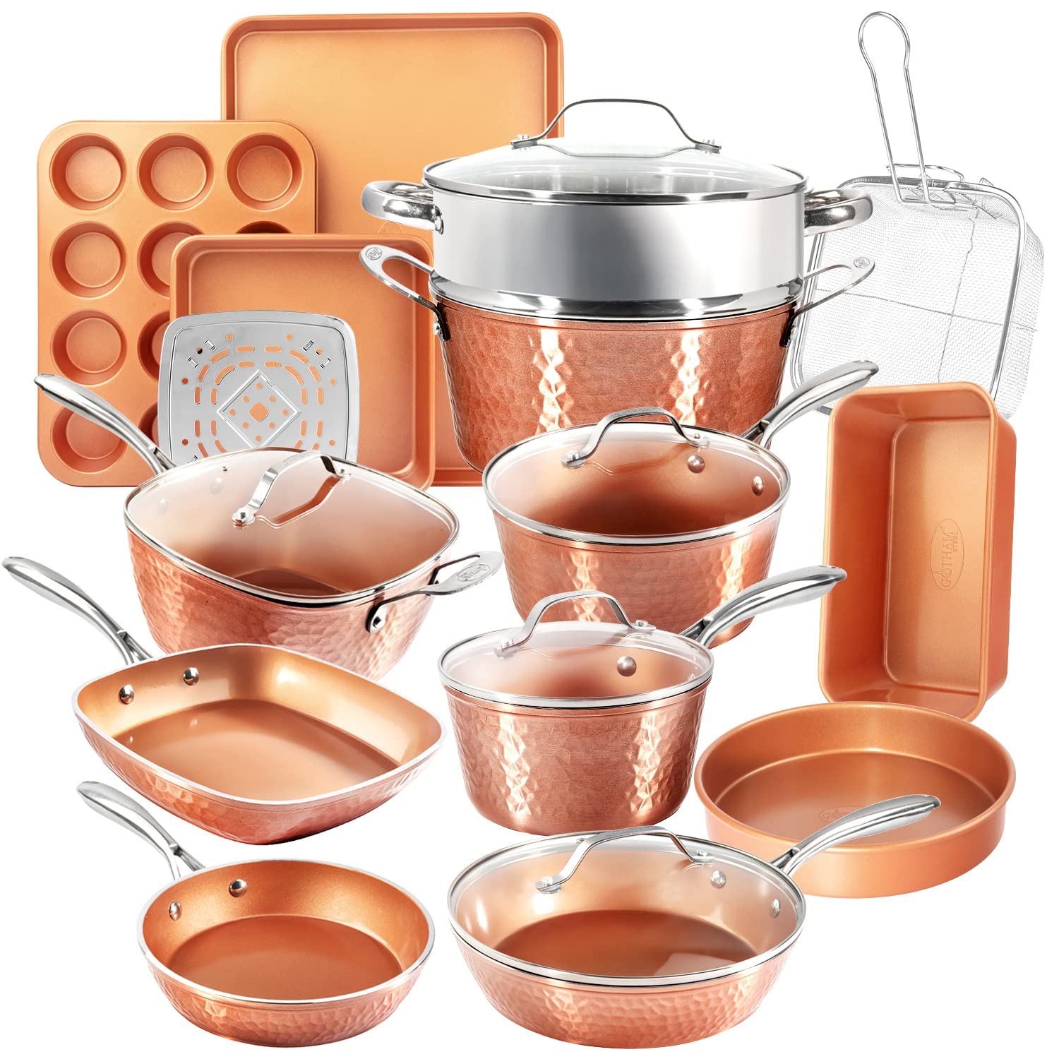 Gotham Steel Hammered Copper Collection – 20 Piece Premium Pots and Pans Set Nonstick Ceramic Cookware + Bakeware Set for Kitchen, Induction/Dishwasher/Oven Safe, Healthy and Non Toxic