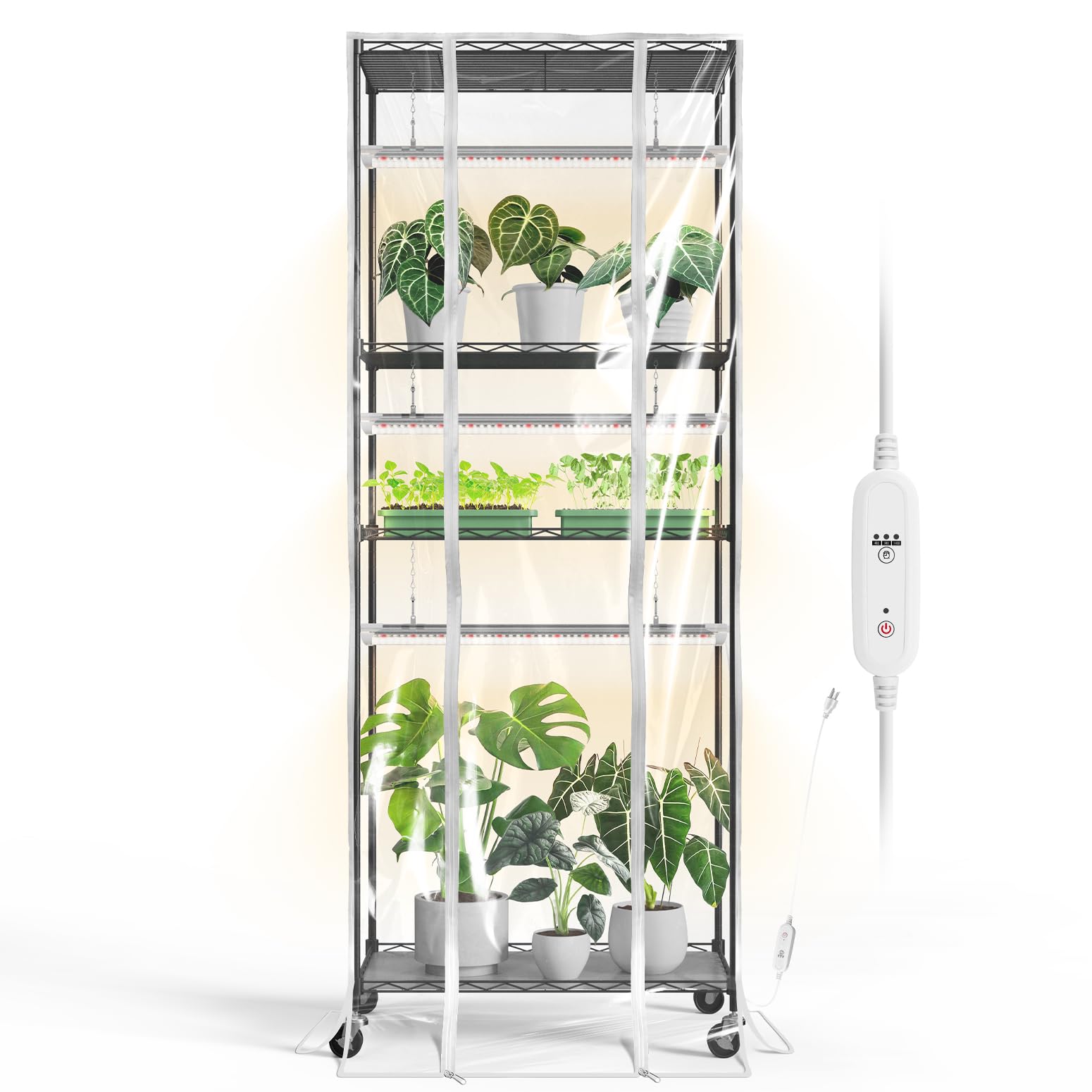 Bstrip Indoor Greenhouse with Grow Light, Metal Plant Stand, 3 Pack T8 2FT Full Spectrum Plant Lights, Timer, Black, 23.5"x13.8"x59"