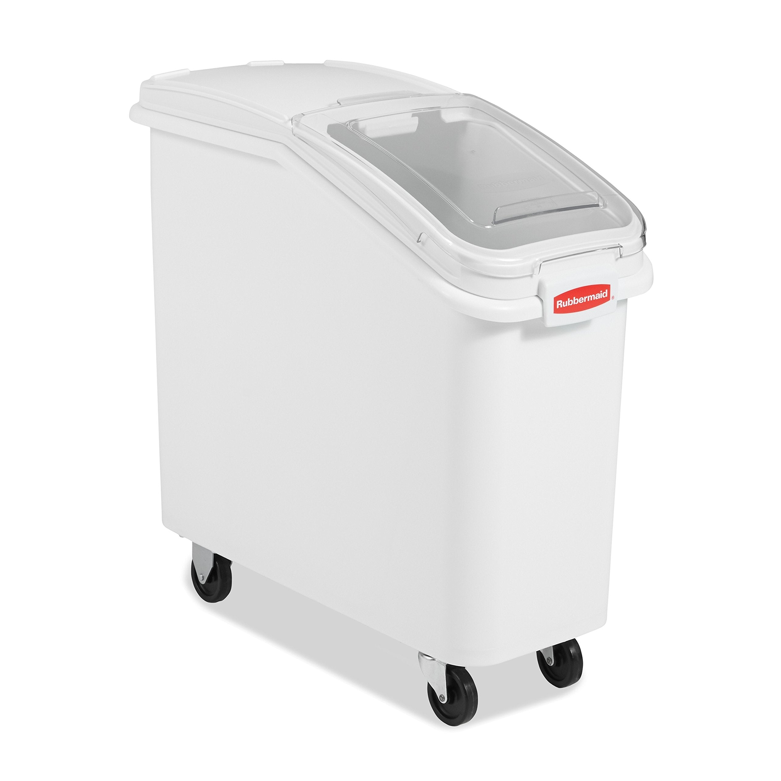 Rubbermaid Commercial Products ProSave Shelf-Storage Ingredient Bin With Scoop, 400-Cup Capacity, Plastic, White, Sliding Lid, Container with Wheels for Kitchen/Restaurant/Food Organization