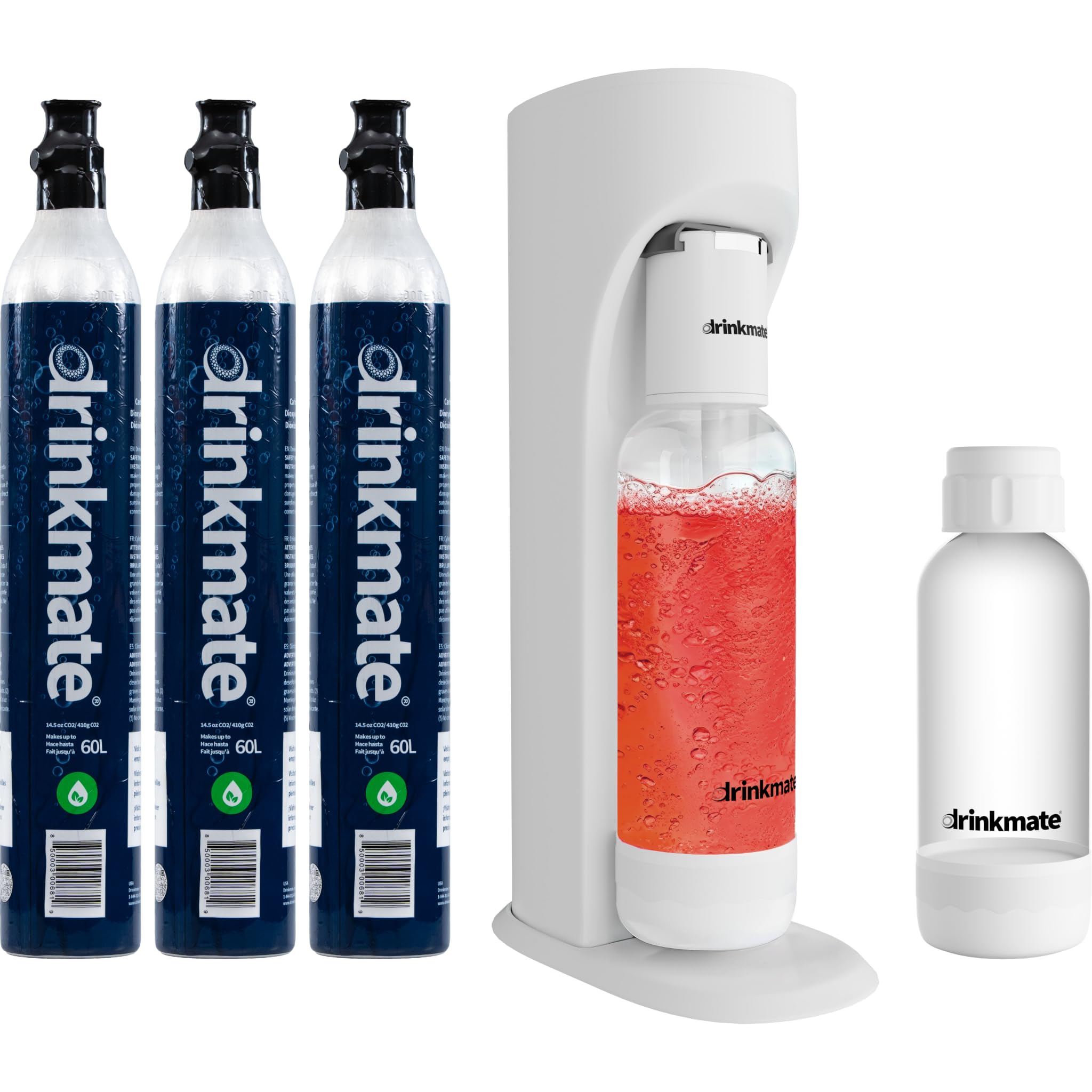 Drinkmate OmniFizz Sparkling Water and Soda Maker, Carbonates Any Drink, ULTIMATE BUNDLE - Includes three 60L CO2 Cylinders, Two Carbonation Bottles, and Fizz Infuser (Classic White)