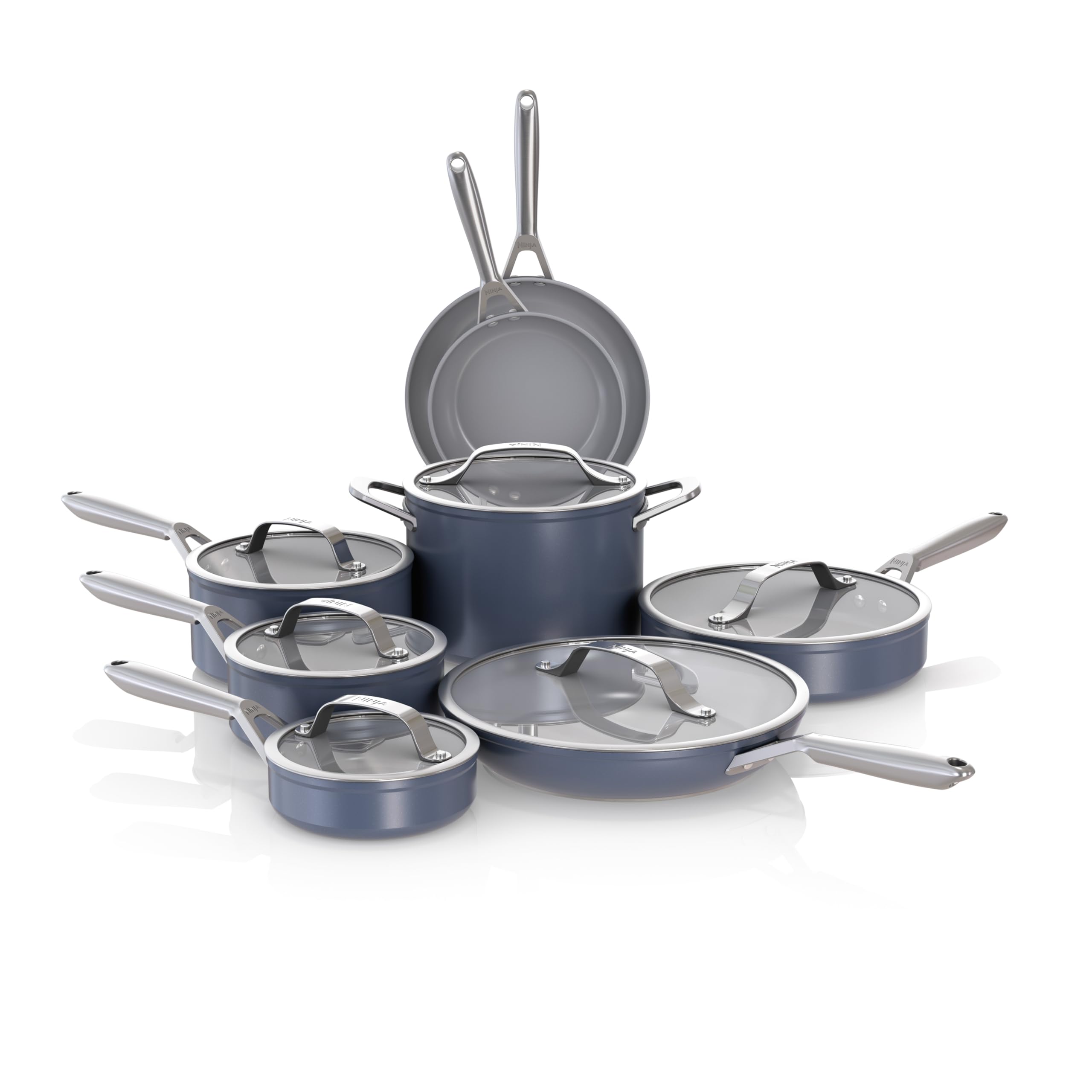 Ninja Ceramic Pro 14-Piece Cookware Set, Non-Stick Pots & Pans Set with Glass Lids, PTFE Free, Ceramic Coated, Oven Safe, All Stovetops & Induction Compatible, Midnight Blue, CW39014MM