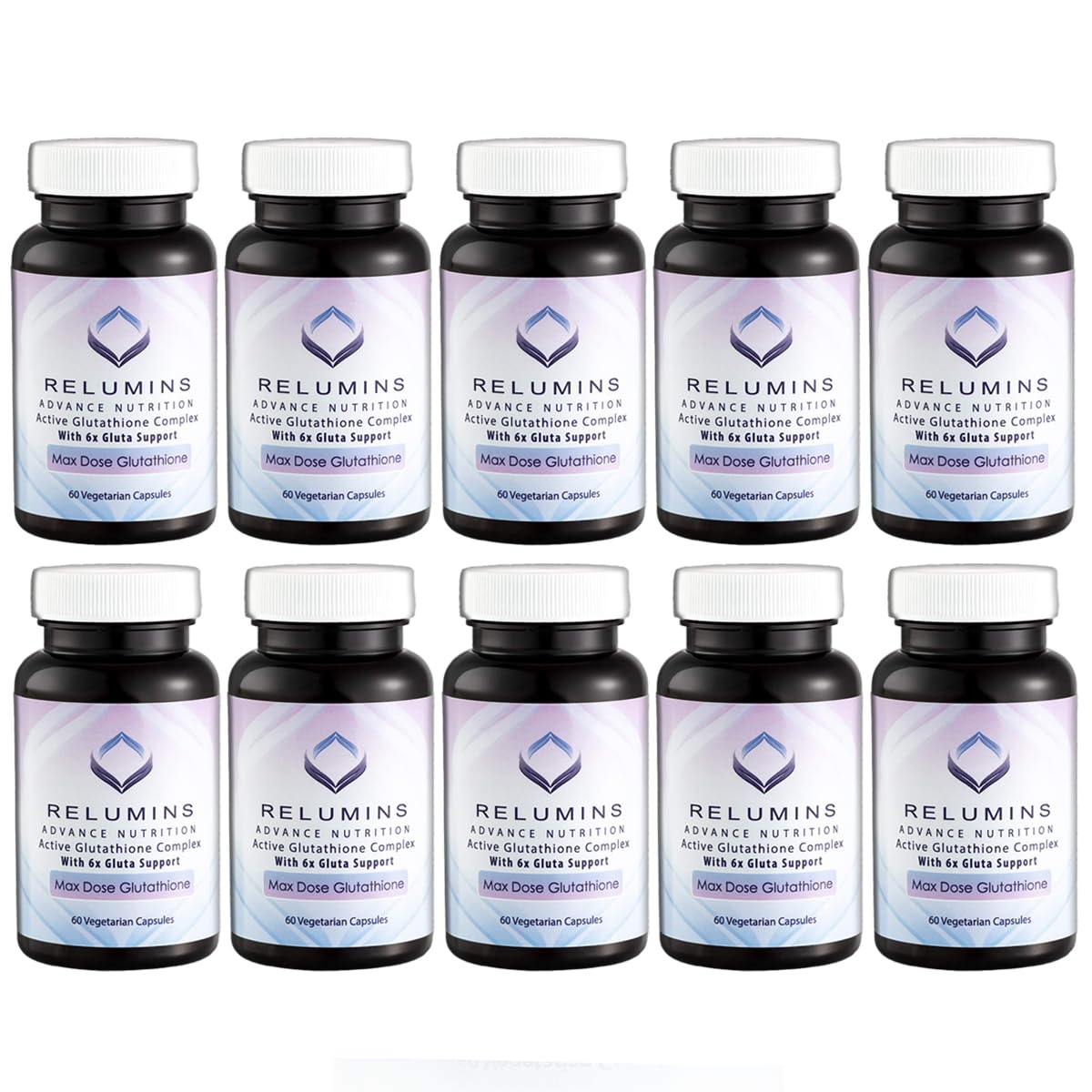 Relumins Advance White Active Glutathione Complex -Oral Lightening Formula Capsules with 6X Boosters- Brightens, Repairs & Rejuvenates Skin 60 Capsules x 10 Bottles