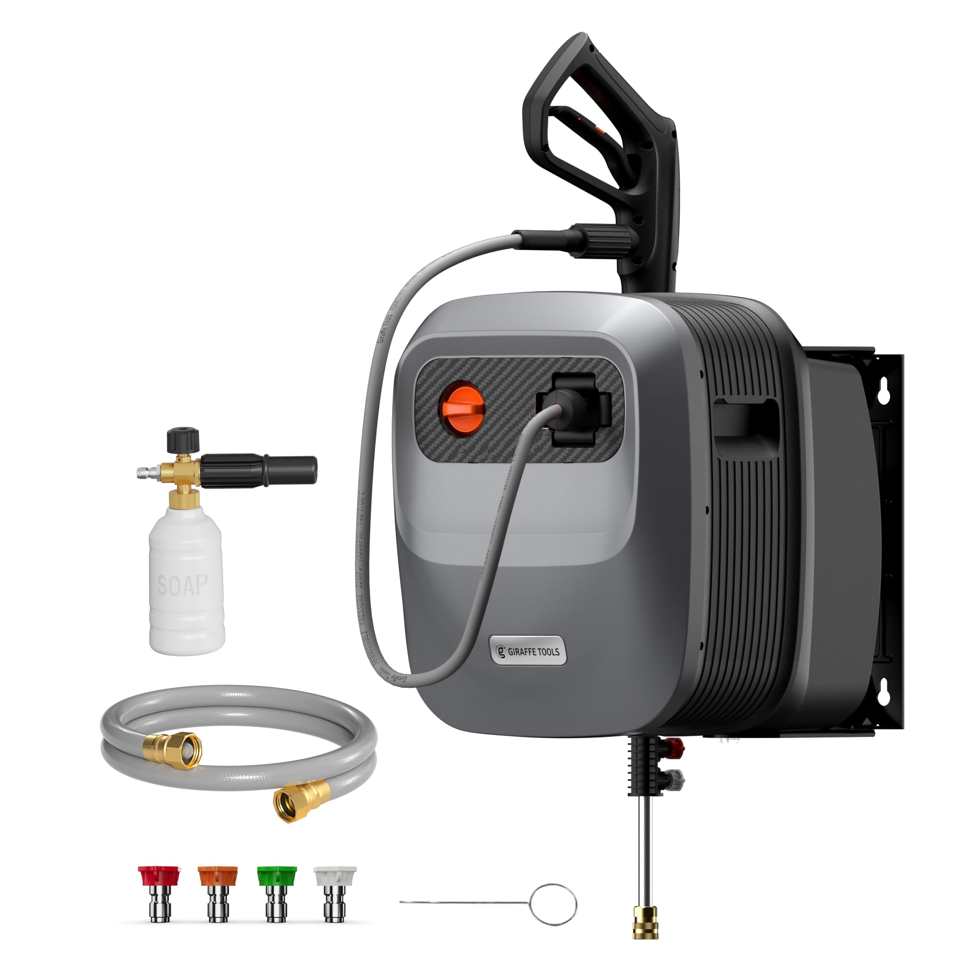 Giraffe Tools Grandfalls Pressure Washer G20 Pro, 2400 PSI 2.0 GPM, Wall Mounted Power Washer with 65FT Hose Reel, 4 Nozzles for Floor/Cars/Fences/Patios, Dark Silver