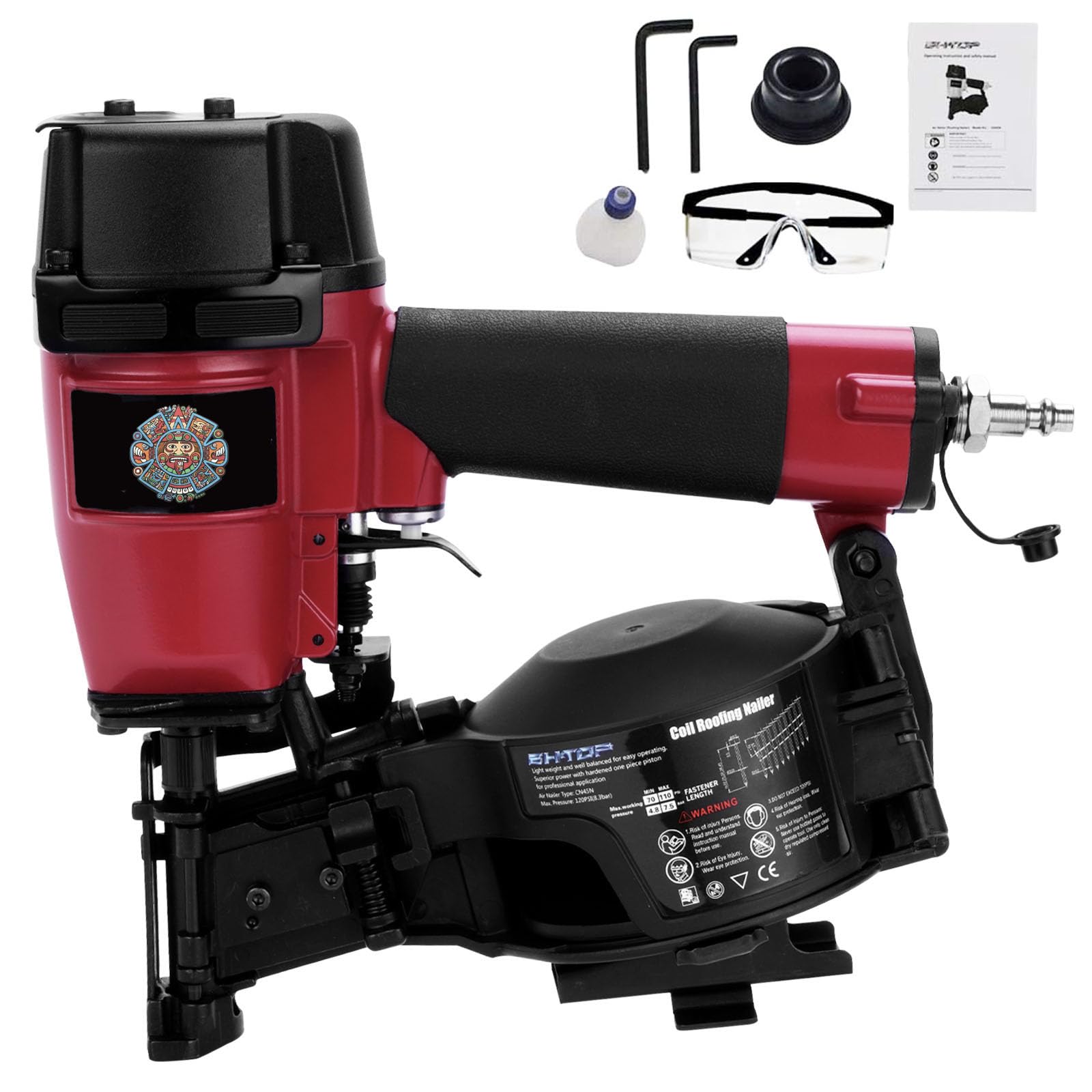 BHTOP CN45N Roofing Nailer, 15 Degree Roofing Nail Gun, 3/4-Inch to 1-3/4-Inch Coil Nails, 120-pcs Load Capacity Coil Nailer (Red Mexican style)